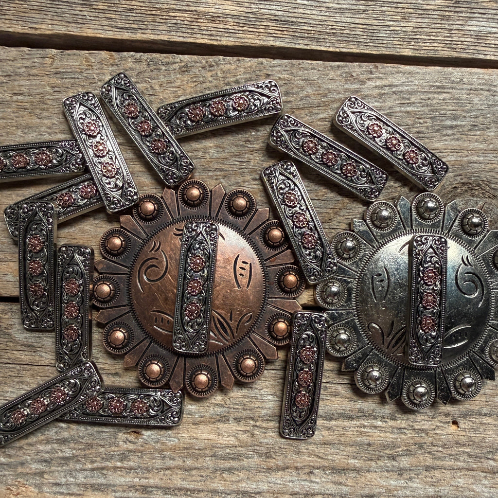 Antique Silver and Copper Flower Rectangle Concho #W268