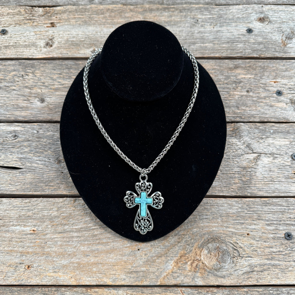 Filigree Cross Fashion Turquoise Pendant Necklace