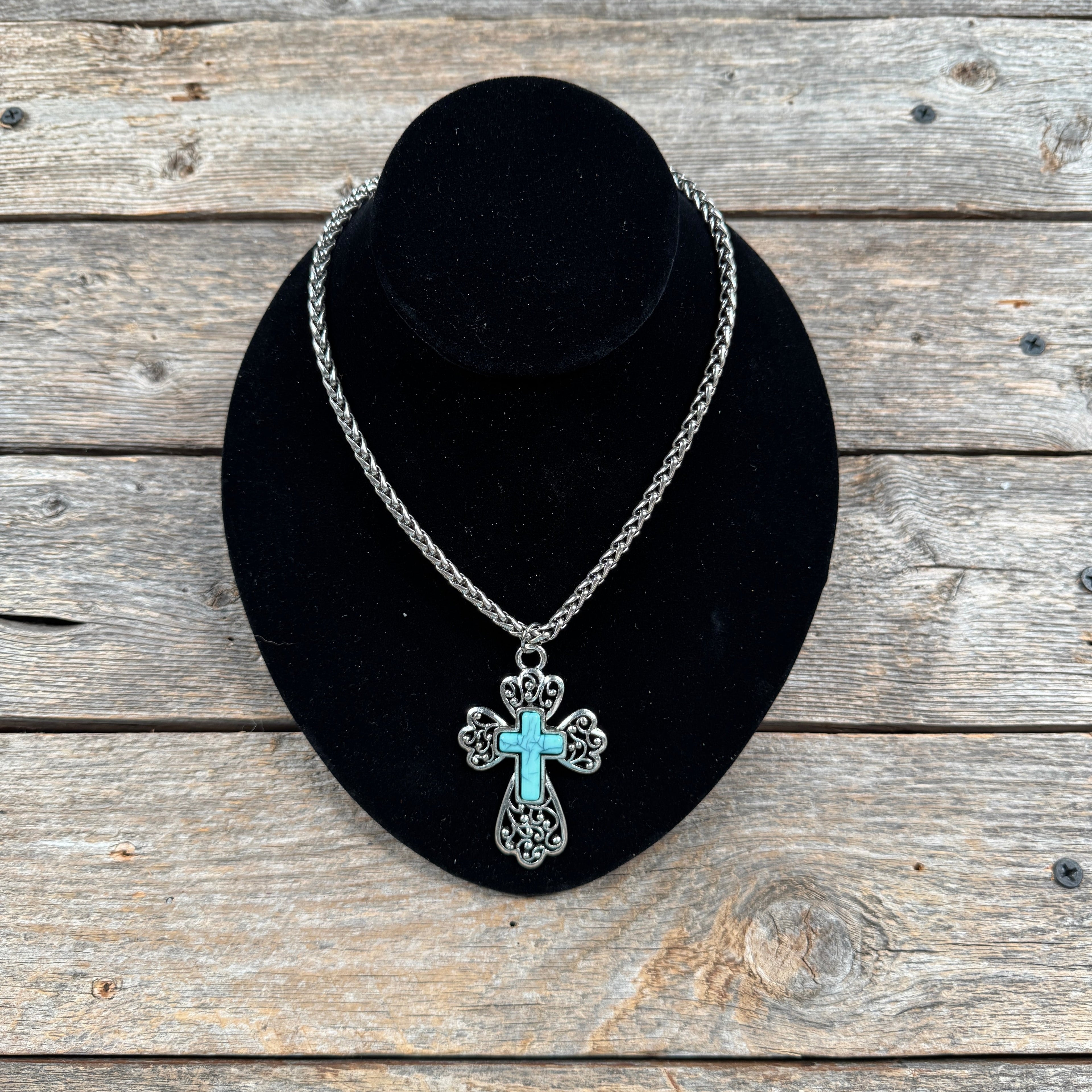 Filigree Cross Fashion Turquoise Pendant Necklace