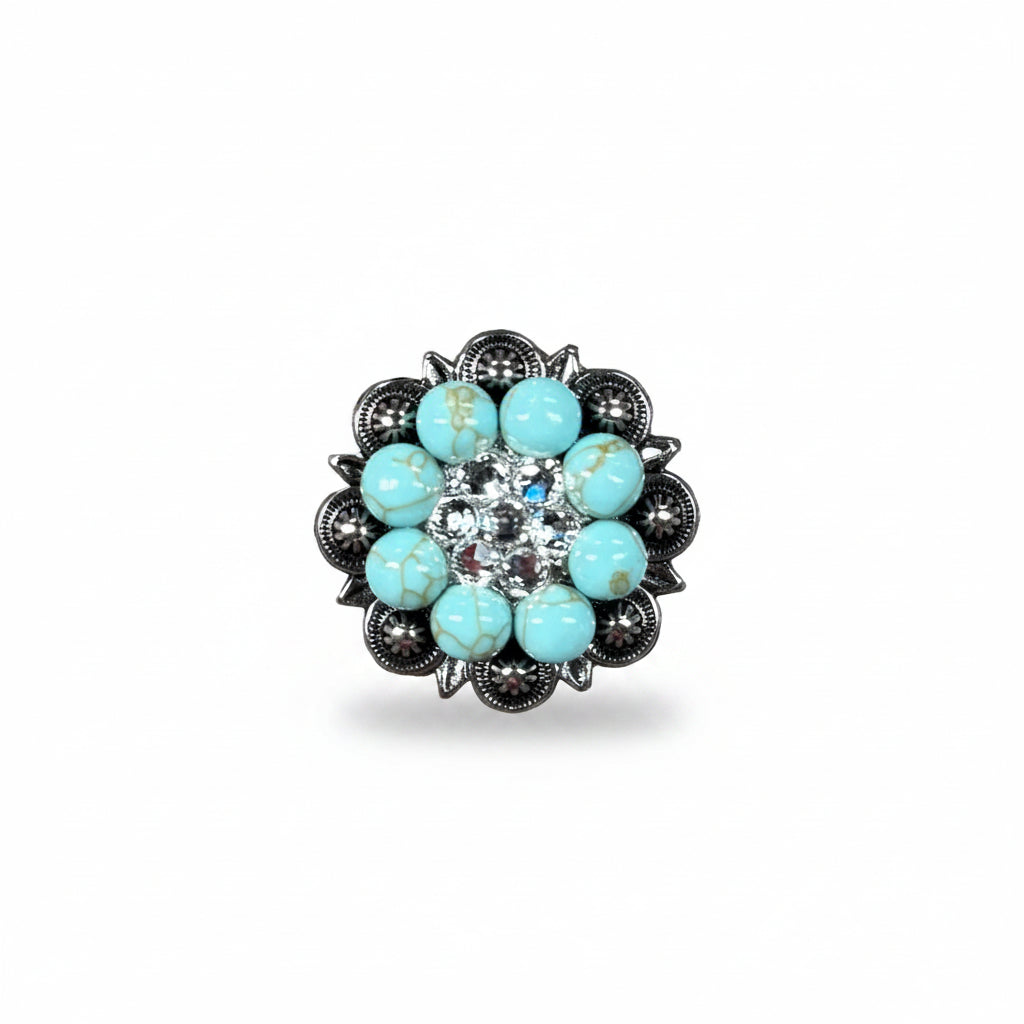 Antique Silver Turquoise - Clear Crystal Conchos | Sizes 1"- 3" | Buckles | Saddle Set | Leather Rosettes | Slide — view 4