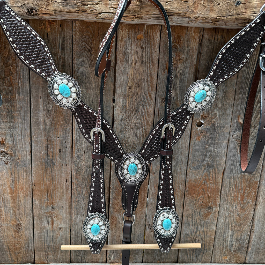 Dark Oil Buckstitch Turquoise One Ear Tack Set #OEBC527