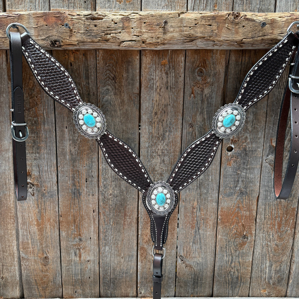 Dark Oil Buckstitch Turquoise One Ear Tack Set #OEBC527 — view 6