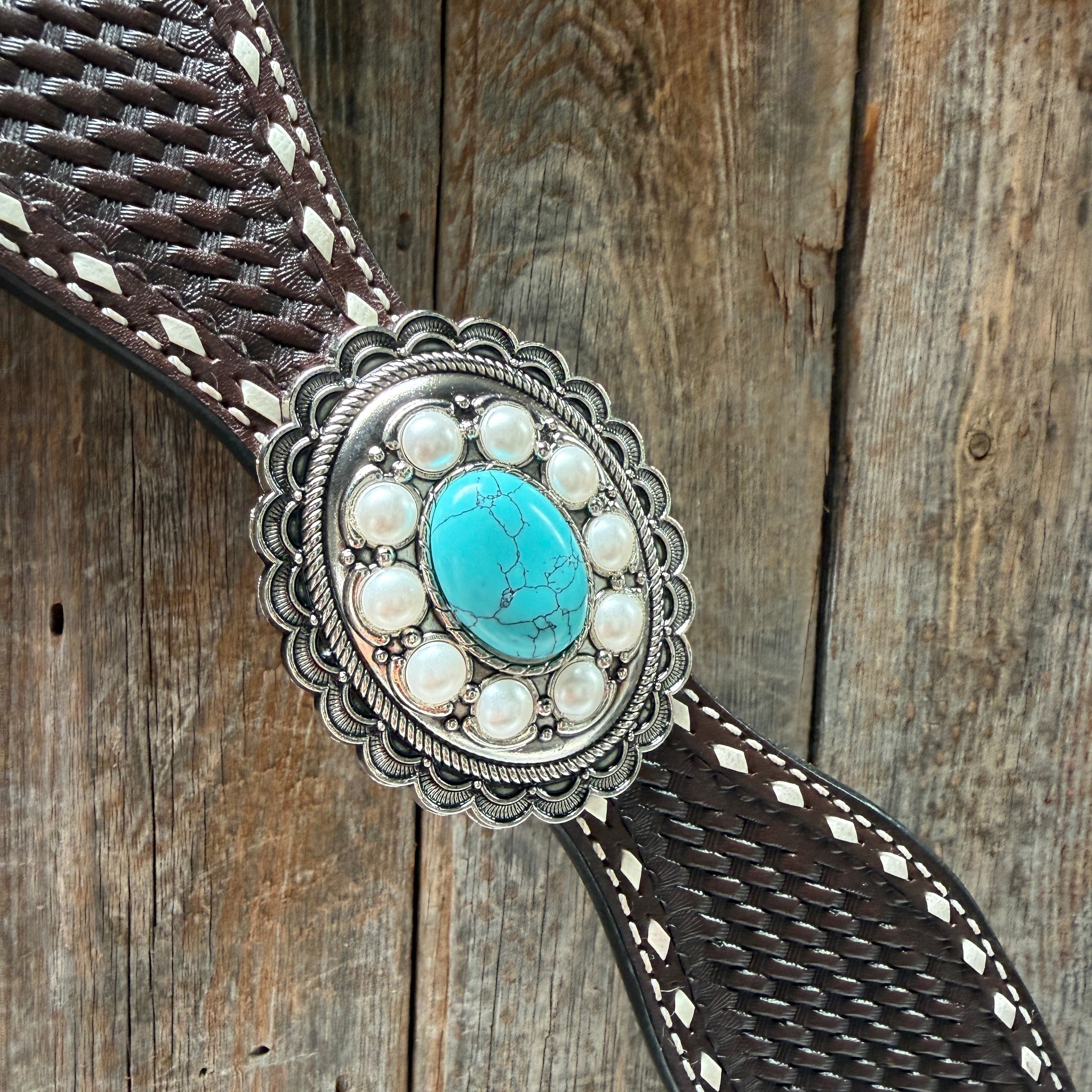 Dark Oil Buckstitch Turquoise One Ear Tack Set #OEBC527 — view 7