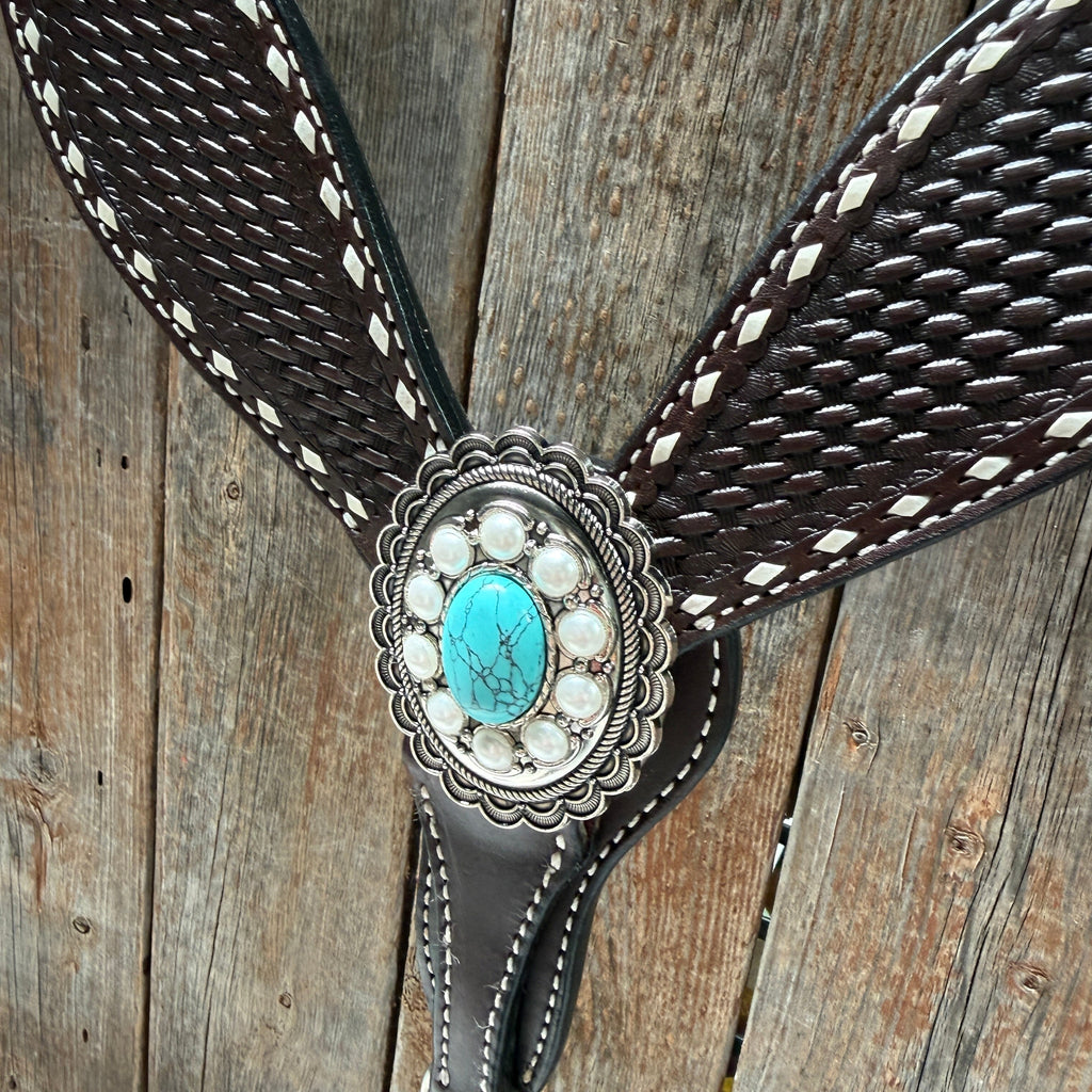 Dark Oil Buckstitch Turquoise One Ear Tack Set #OEBC527 — view 8
