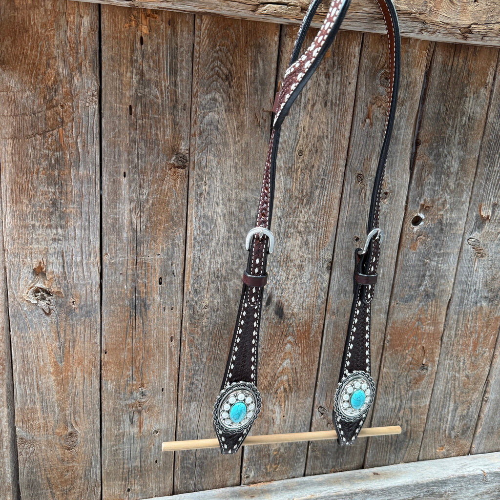 Dark Oil Buckstitch Turquoise One Ear Tack Set #OEBC527 — view 2