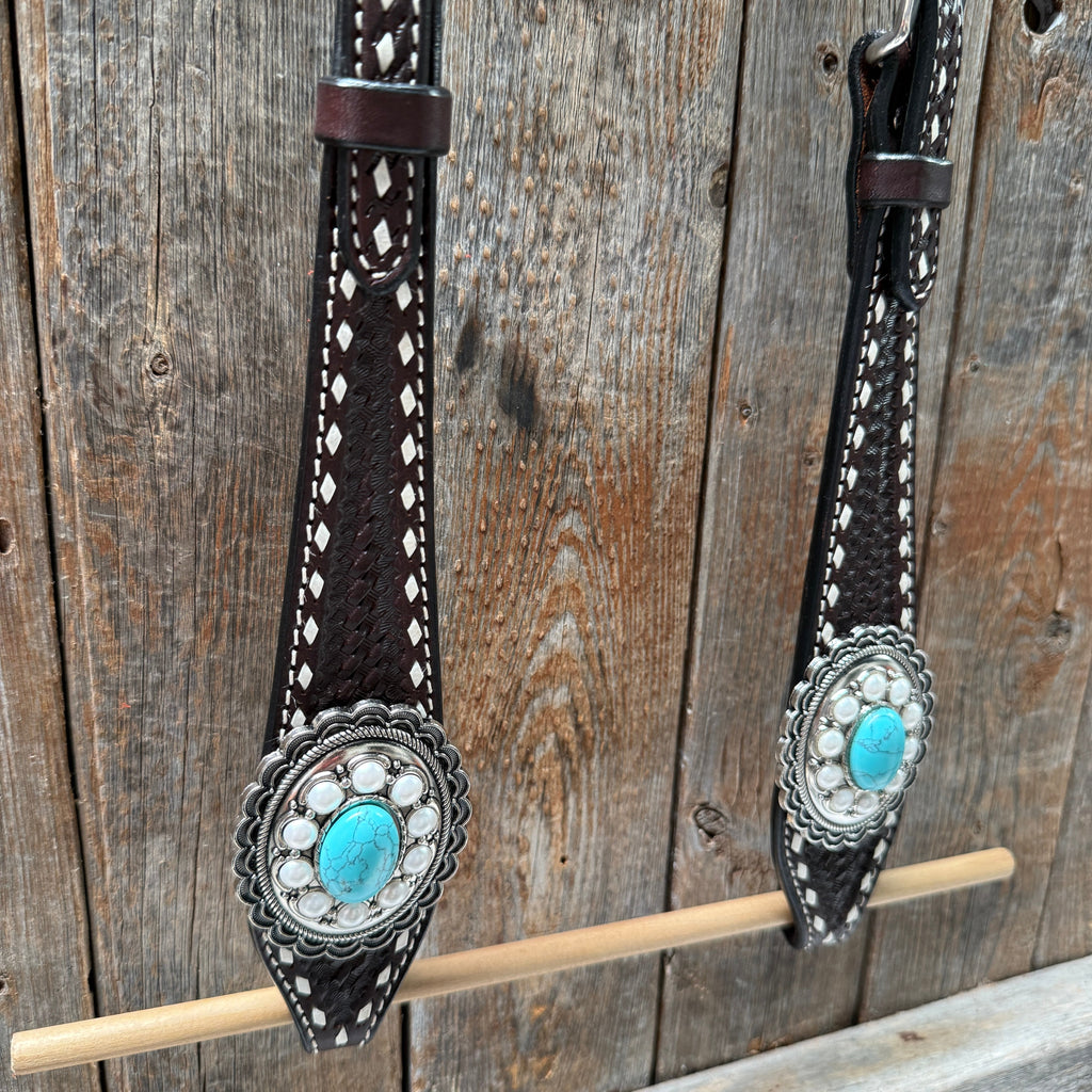 Dark Oil Buckstitch Turquoise One Ear Tack Set #OEBC527 — view 4