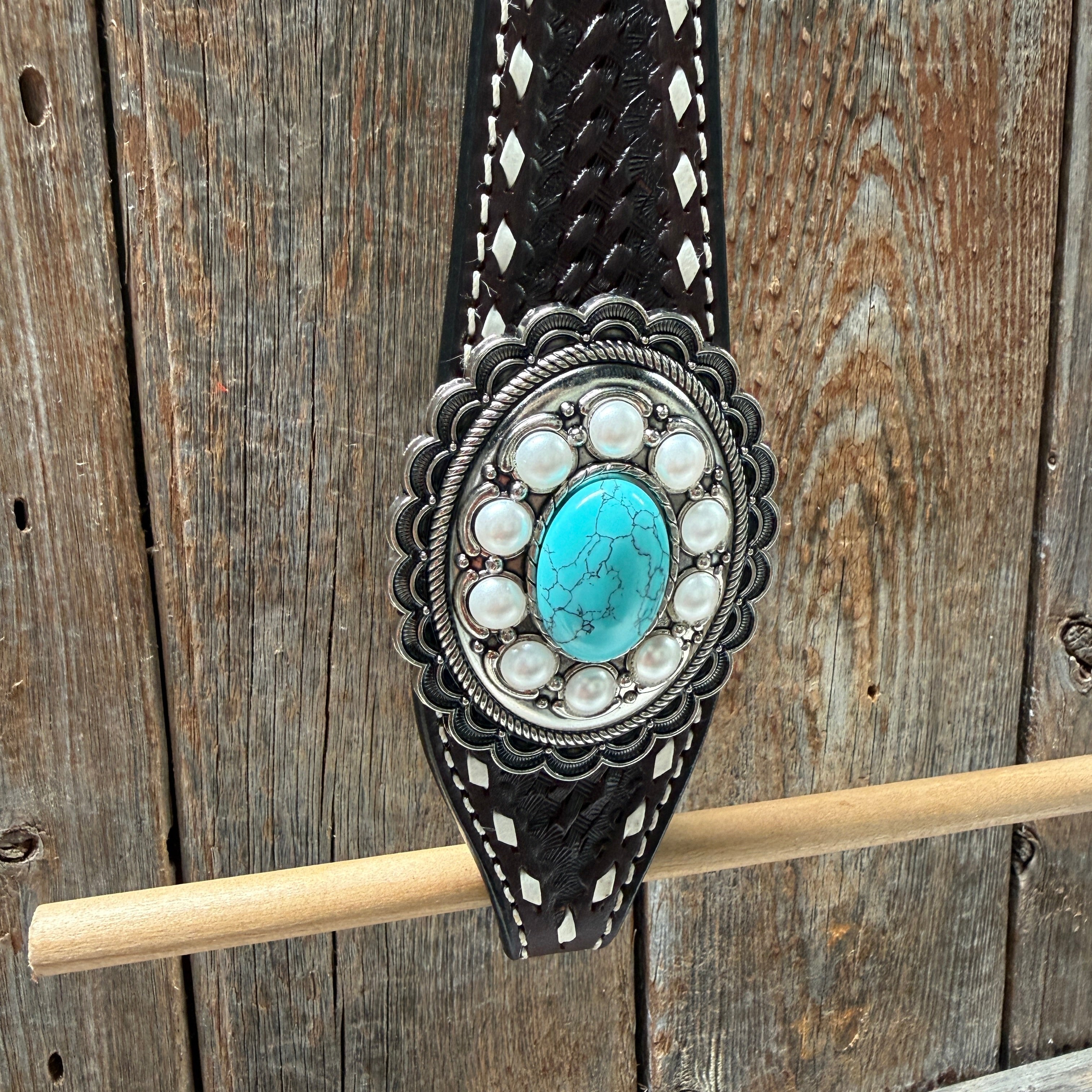 Dark Oil Buckstitch Turquoise One Ear Tack Set #OEBC527 — view 5