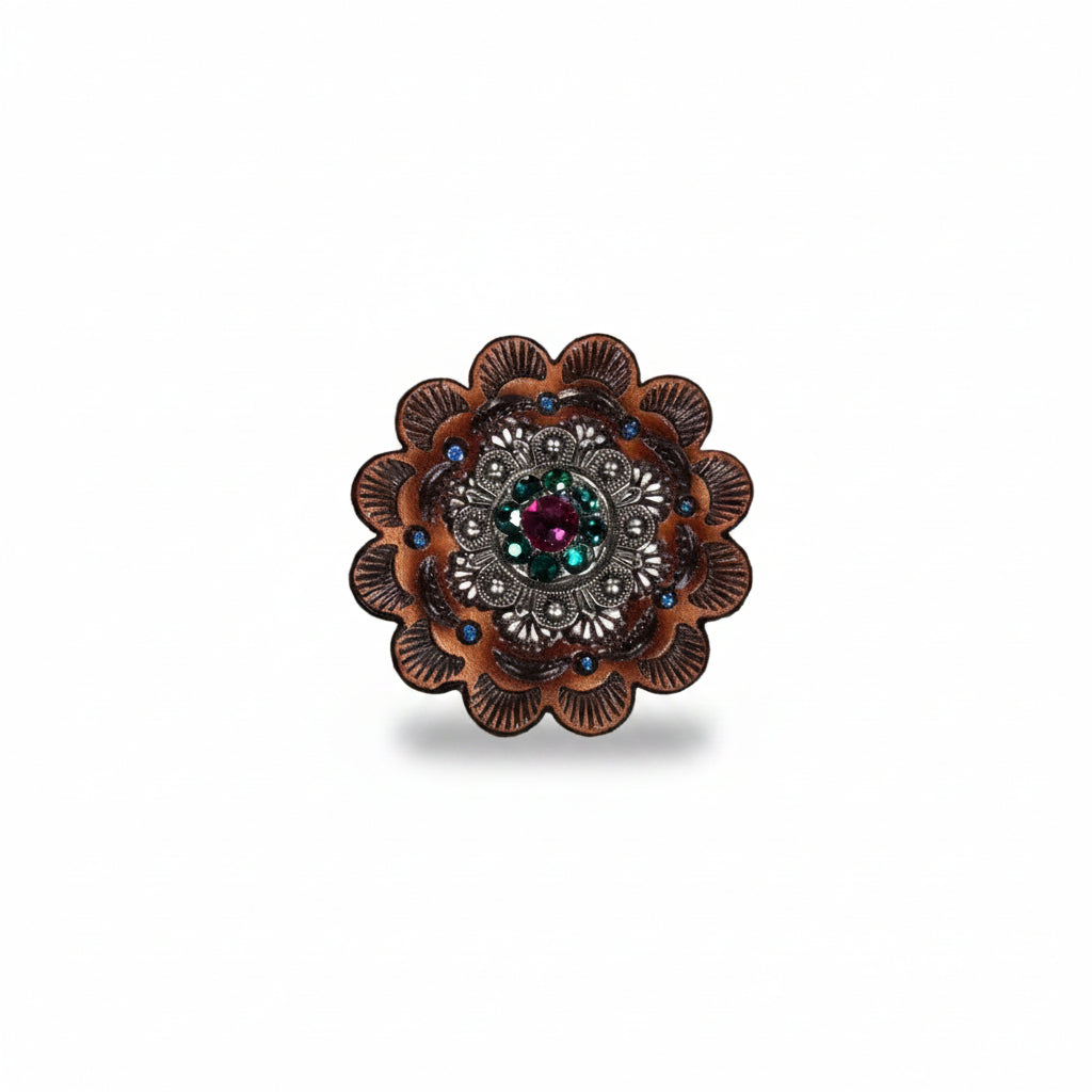 Antique Silver Fuchsia - Clear - Emerald Crystal Conchos | Sizes 1"- 3" | Buckles | Saddle Set | Leather Rosettes | Slide