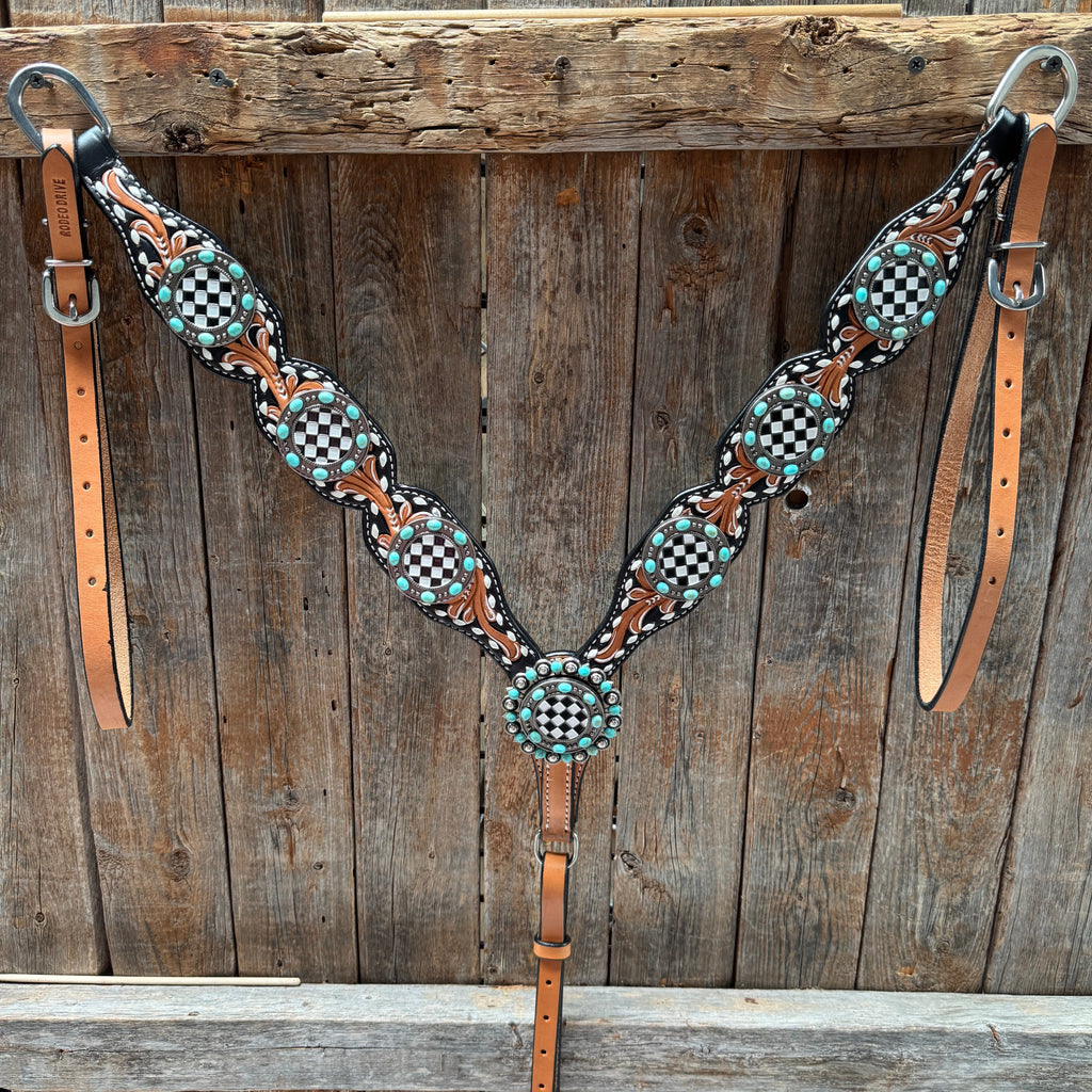 Vintage Checkered and Turquoise Browband Tack Set | BBBC502 — view 4