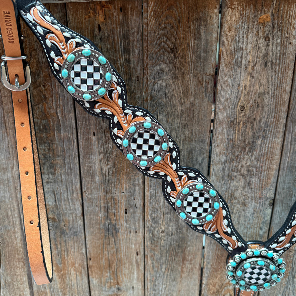 Vintage Checkered and Turquoise Browband Tack Set | BBBC502 — view 9