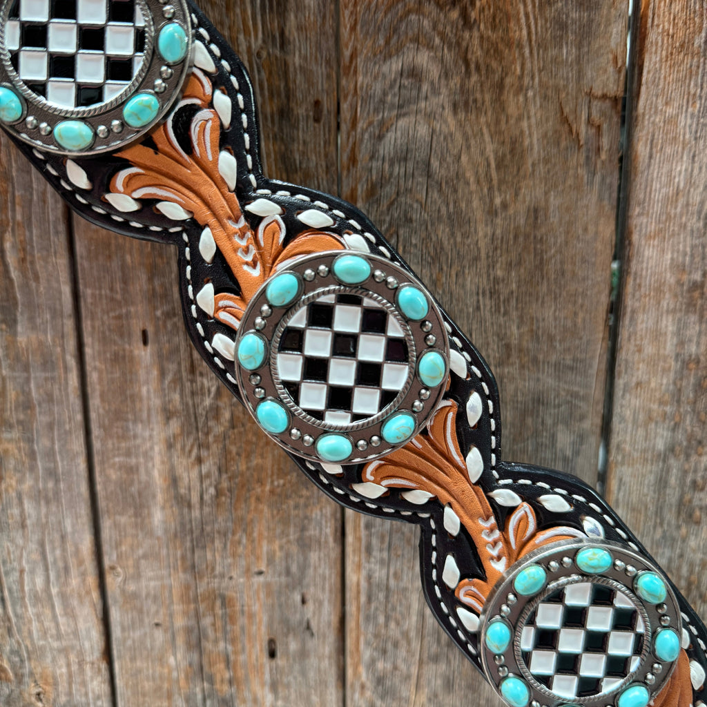 Vintage Checkered and Turquoise Browband Tack Set | BBBC502 — view 10