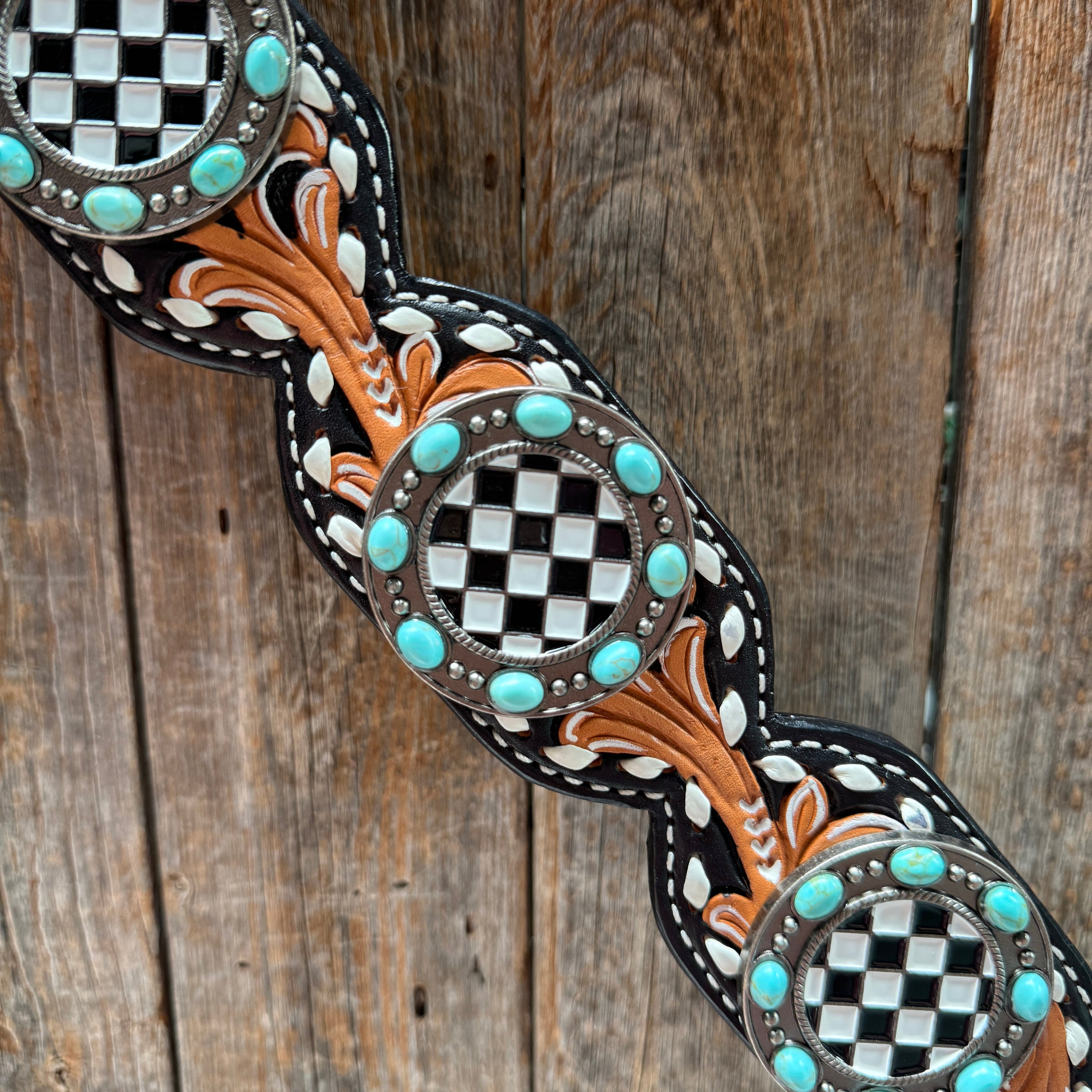 Vintage Checkered and Turquoise Browband Tack Set | BBBC502 — view 10