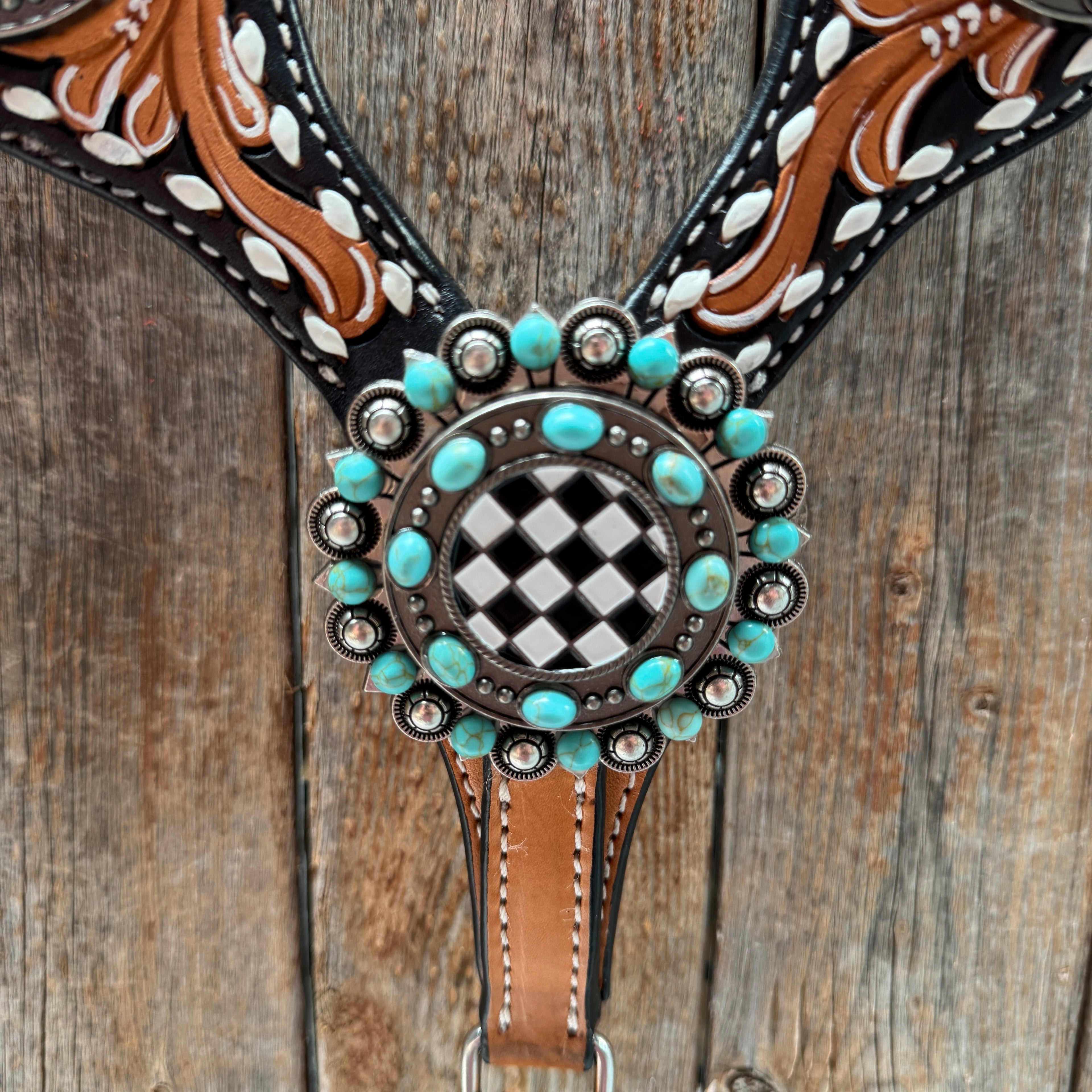 Vintage Checkered and Turquoise Browband Tack Set | BBBC502 — view 11
