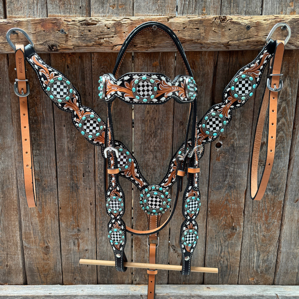 Vintage Checkered and Turquoise Browband Tack Set | BBBC502