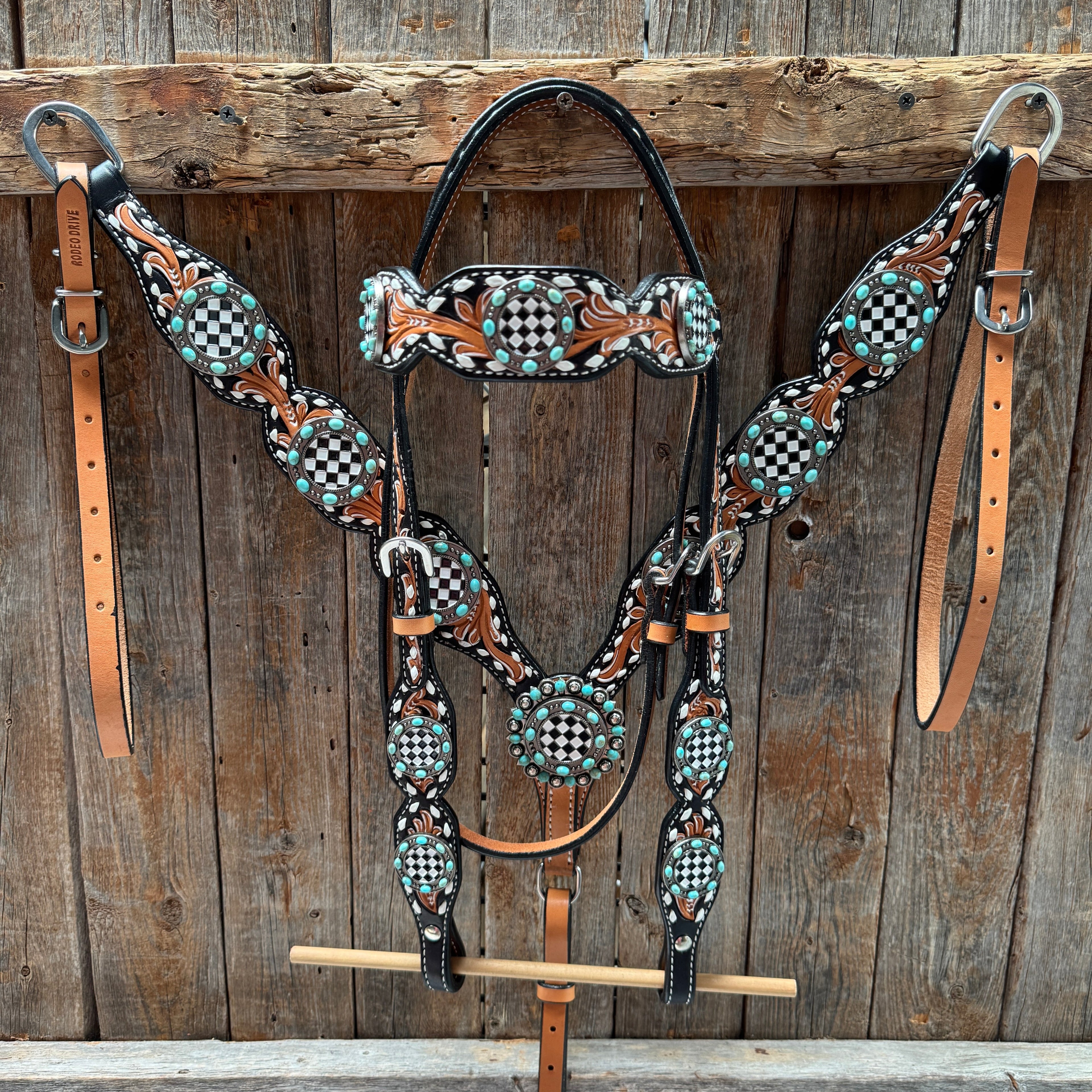 Vintage Checkered and Turquoise Browband Tack Set | BBBC502