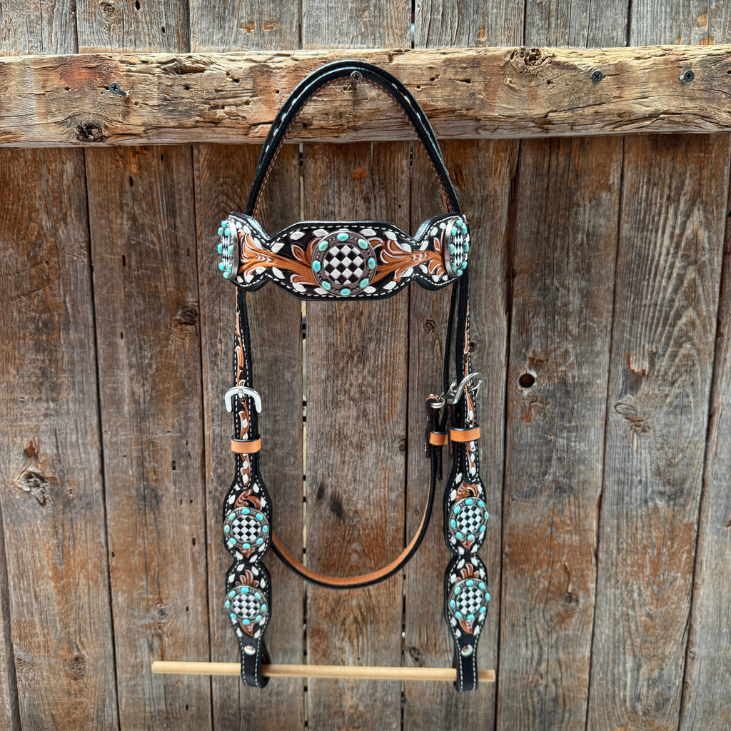 Vintage Checkered and Turquoise Browband Tack Set | BBBC502 — view 3