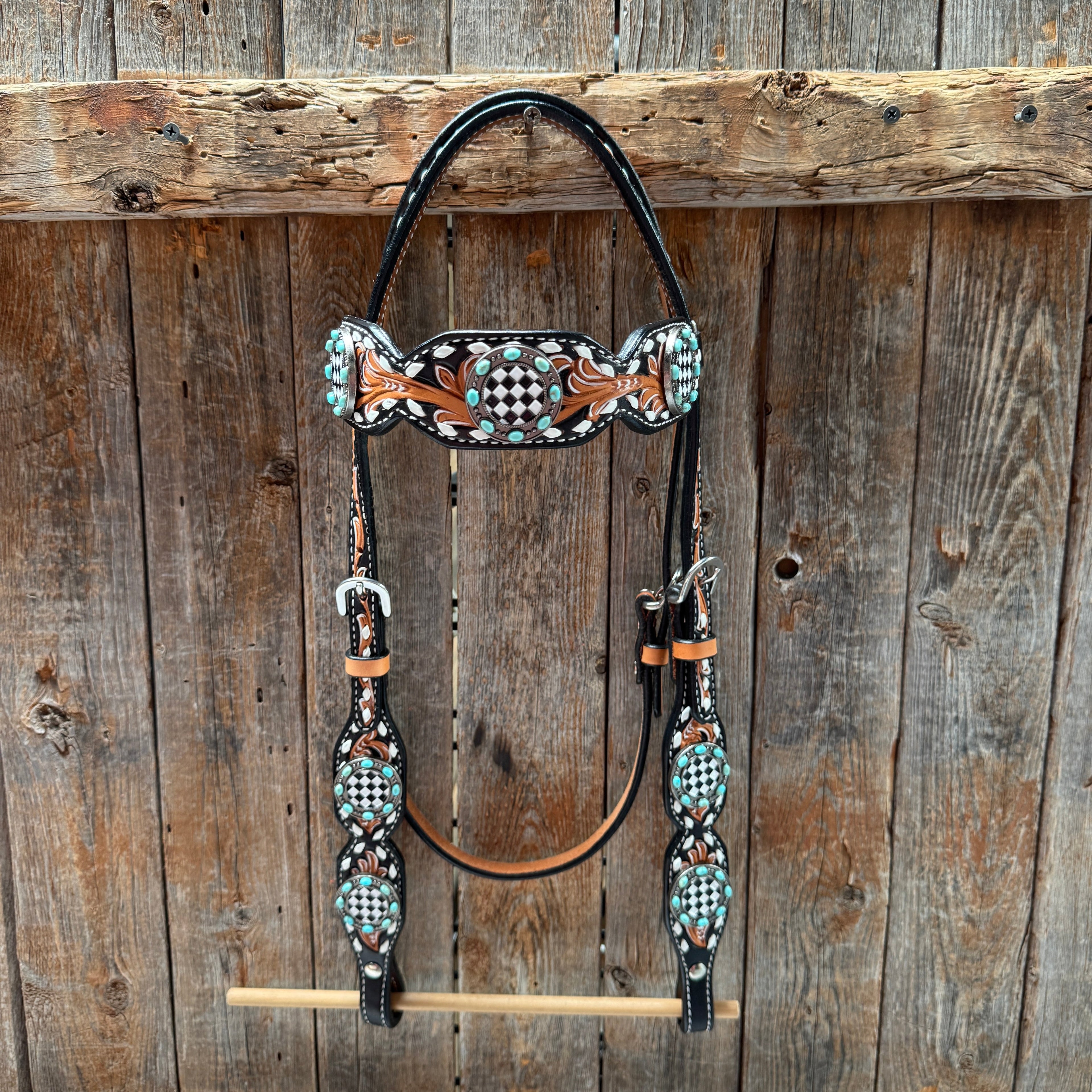 Vintage Checkered and Turquoise Browband Tack Set | BBBC502 — view 3