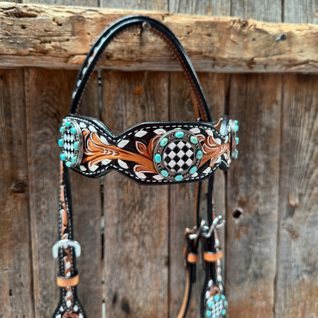 Vintage Checkered and Turquoise Browband Tack Set | BBBC502 — view 5