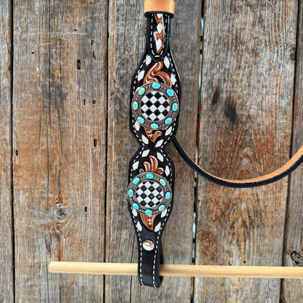 Vintage Checkered and Turquoise Browband Tack Set | BBBC502 — view 8