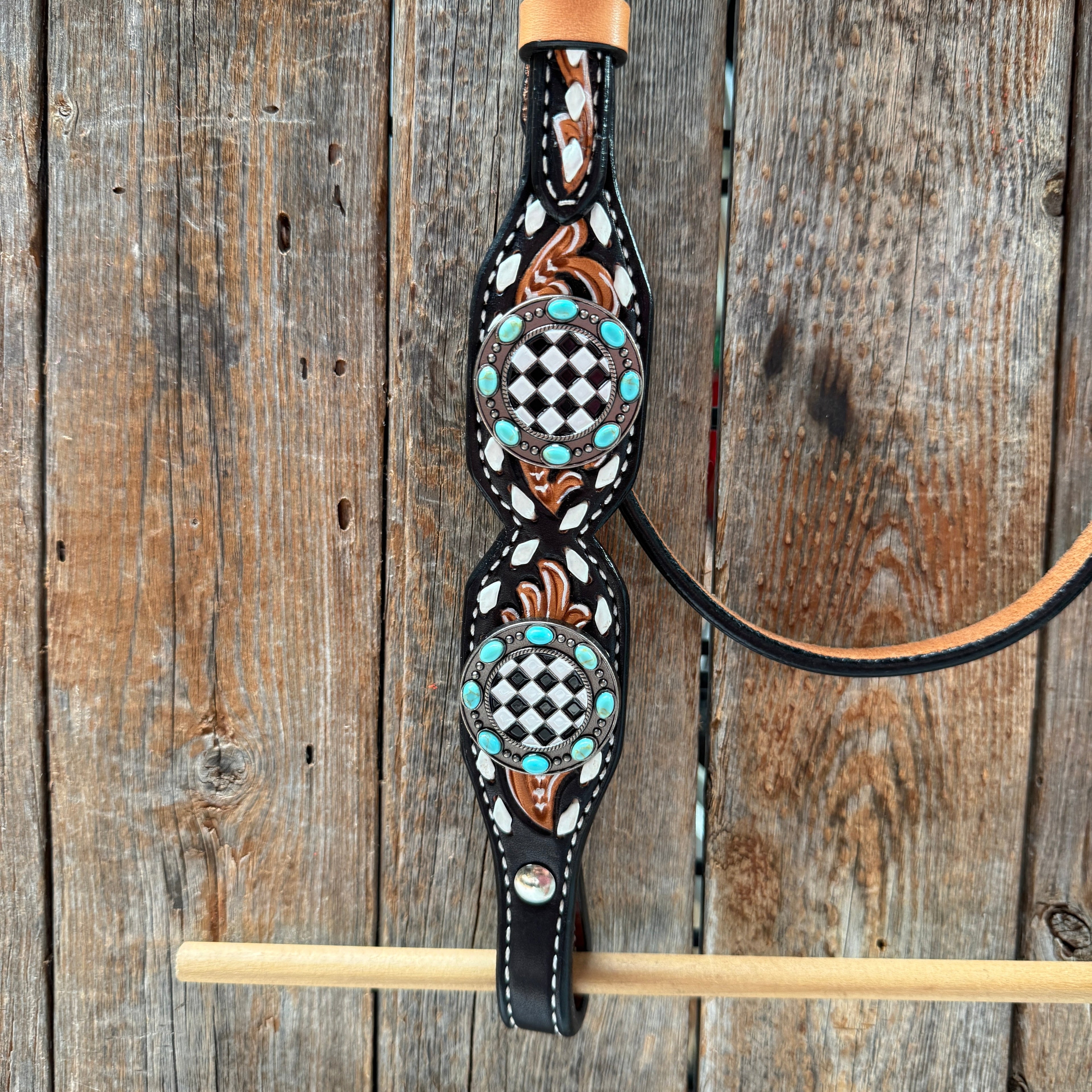 Vintage Checkered and Turquoise Browband Tack Set | BBBC502 — view 8