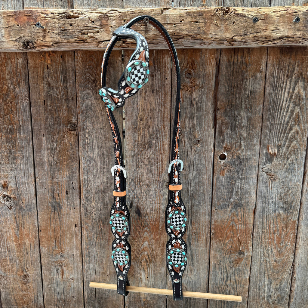 Vintage Checkered and Turquoise Browband Tack Set | BBBC502 — view 6
