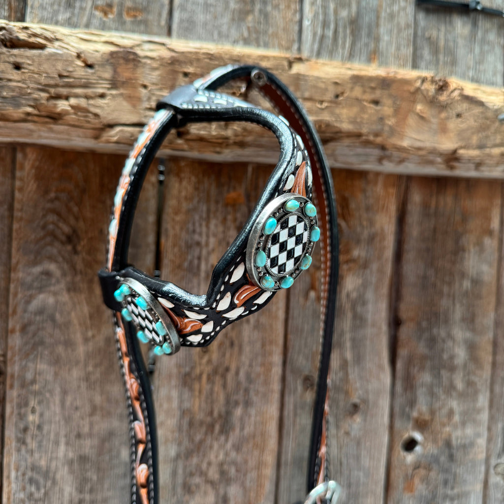 Vintage Checkered and Turquoise Browband Tack Set | BBBC502 — view 7