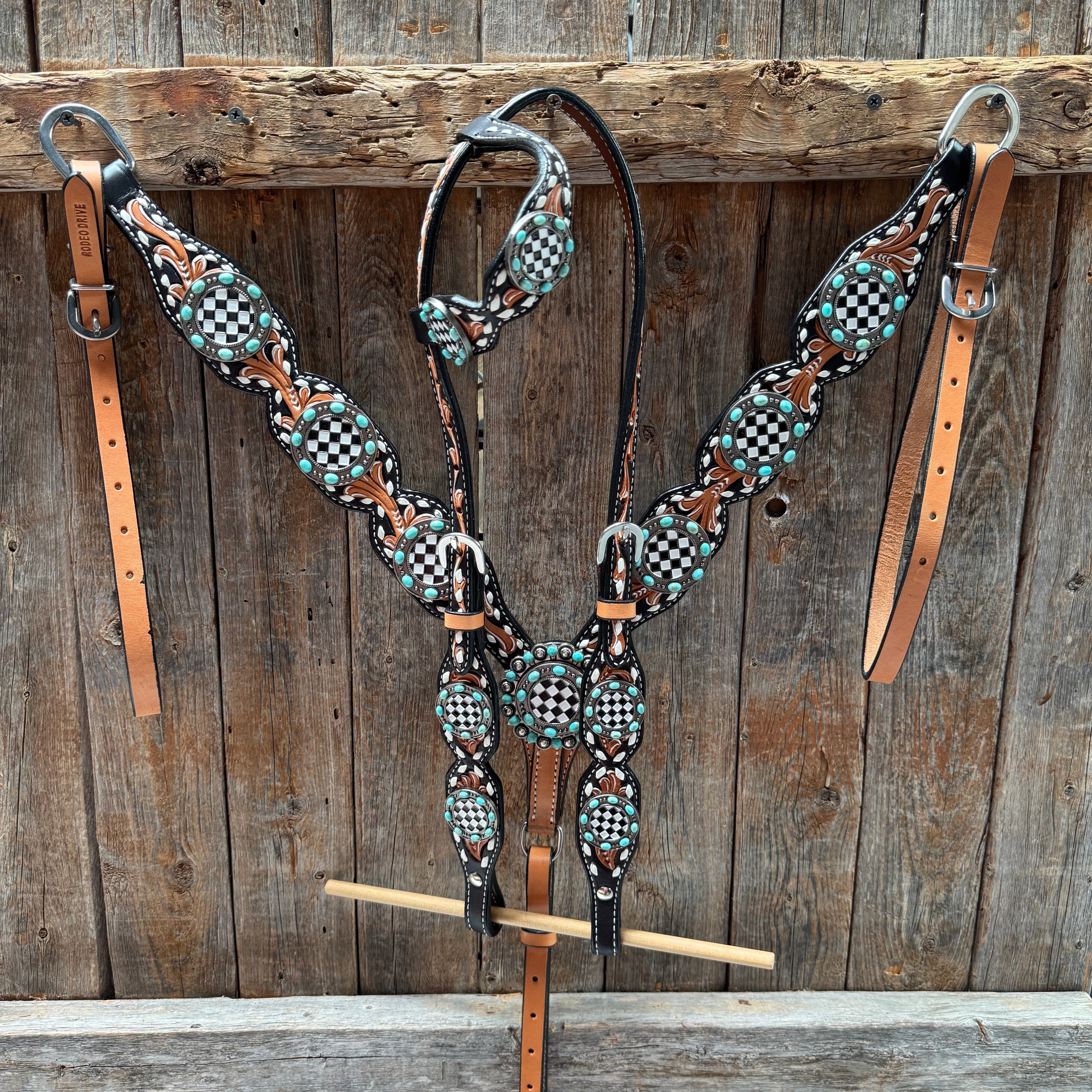 Vintage Checkered and Turquoise Browband Tack Set | BBBC502 — view 2