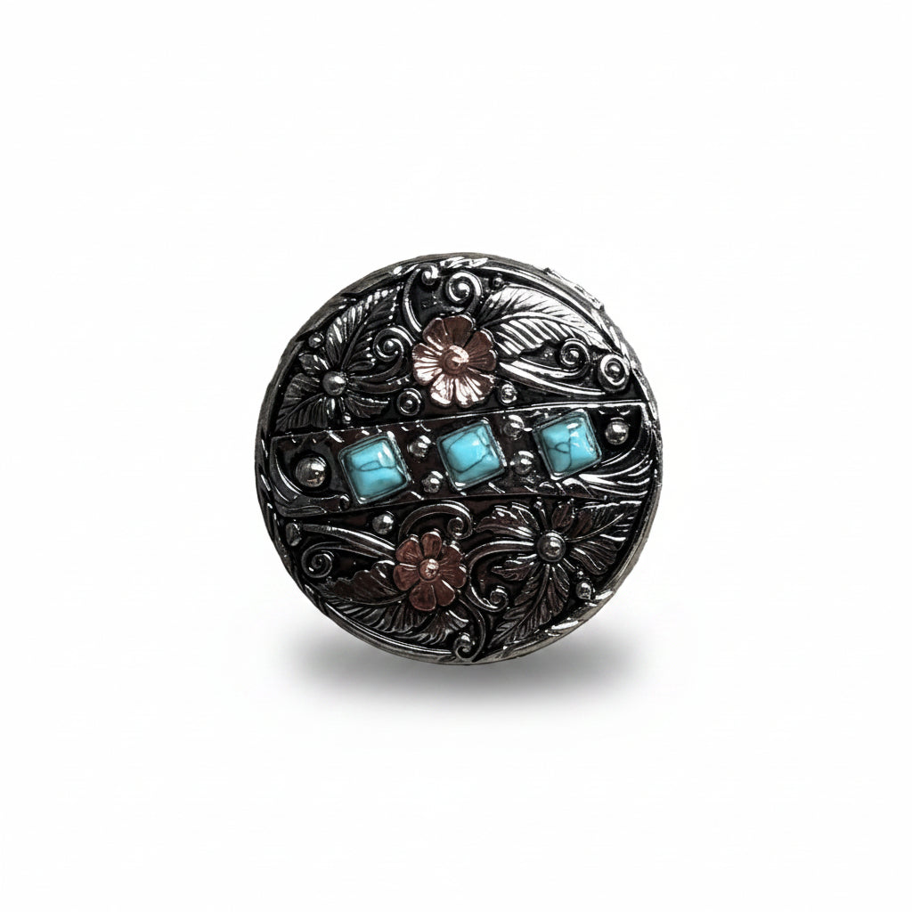 Antique Silver and Copper Turquoise Floral Western Conchos W245 — view 2