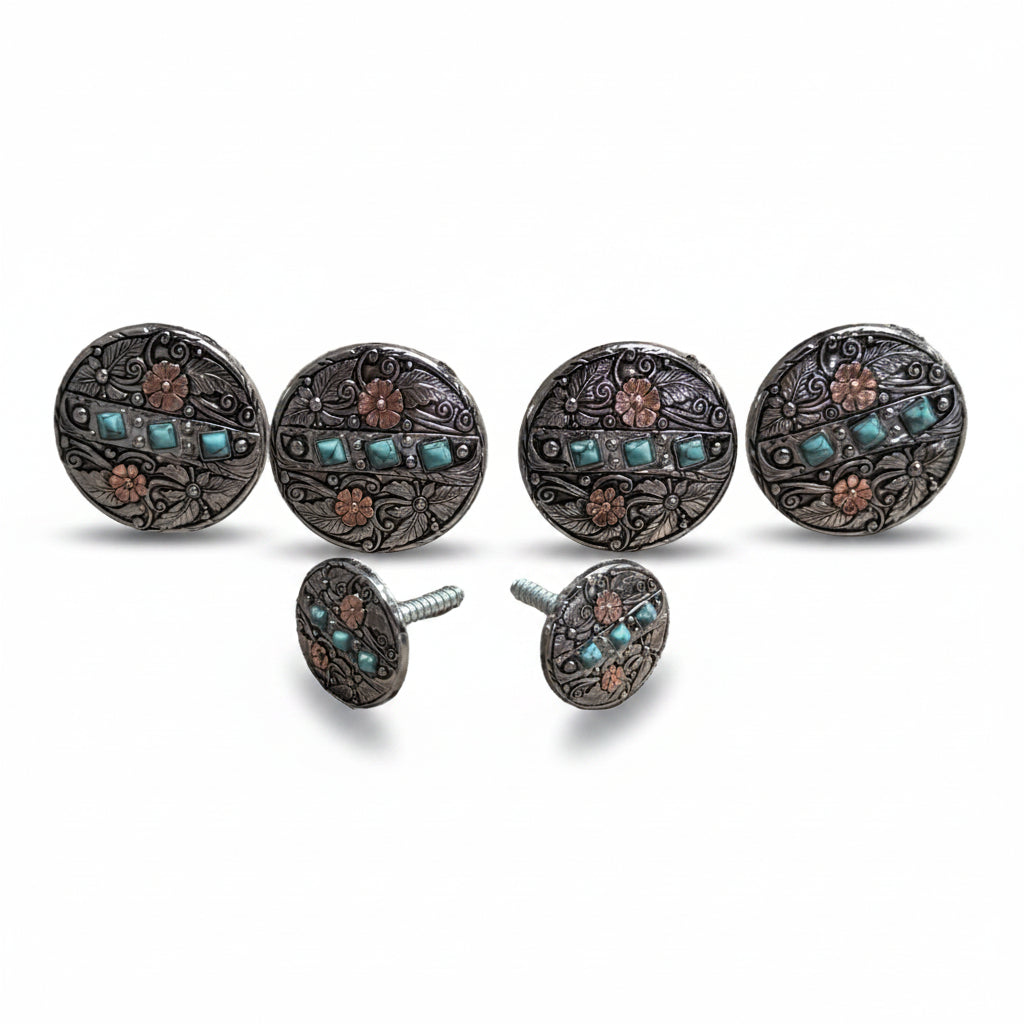 Antique Silver and Copper Turquoise Floral Western Conchos W245 — view 8