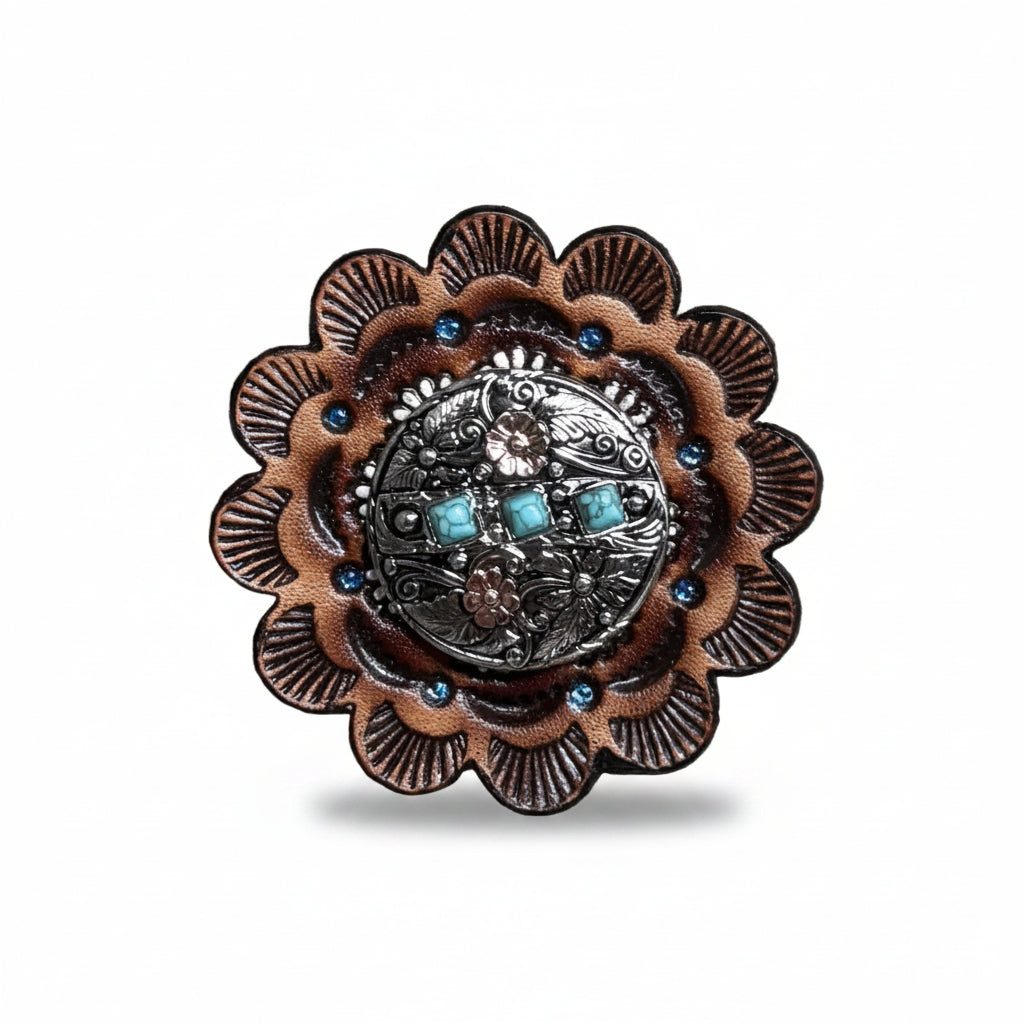 Antique Silver and Copper Turquoise Floral Western Conchos W245 — view 9
