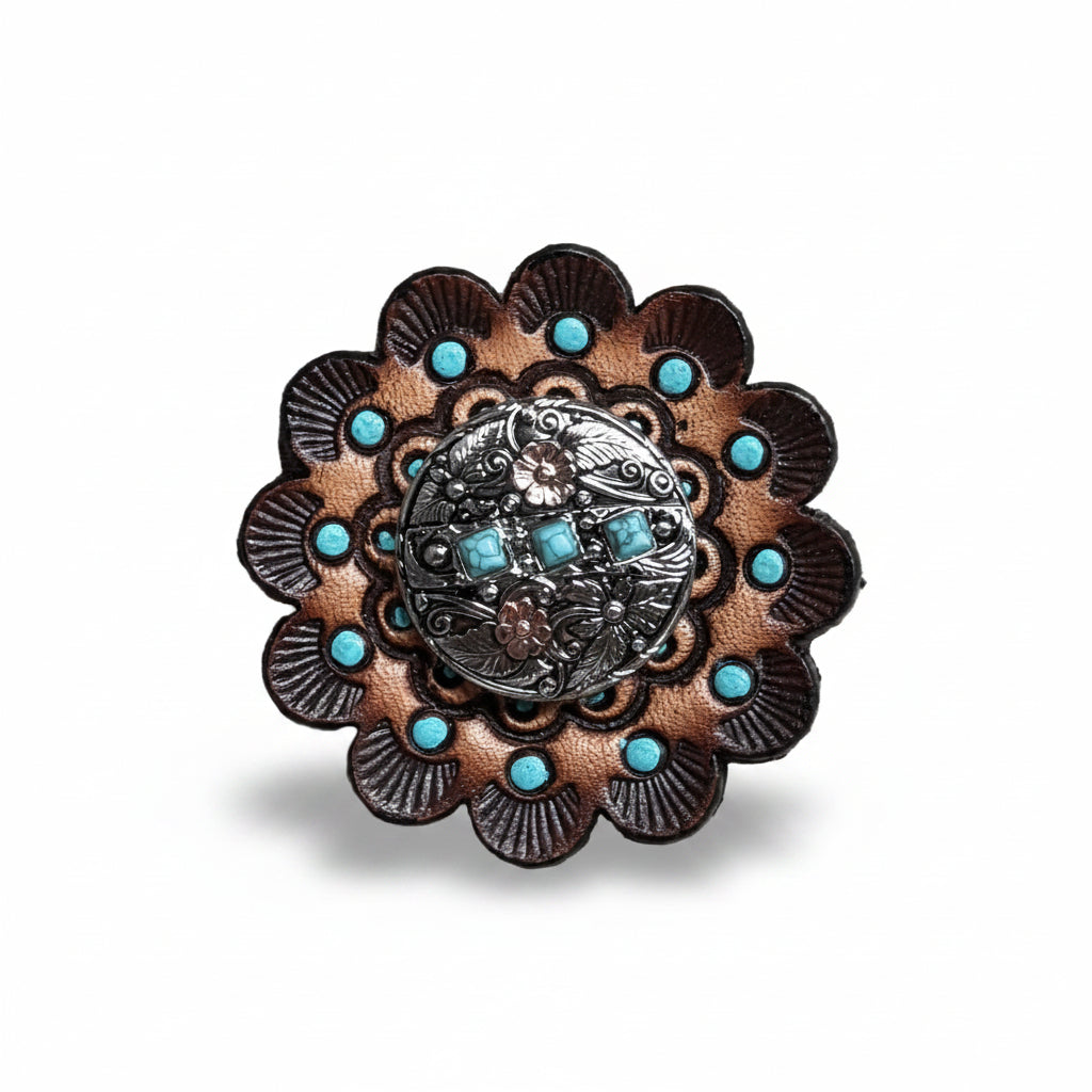 Antique Silver and Copper Turquoise Floral Western Conchos W245 — view 10