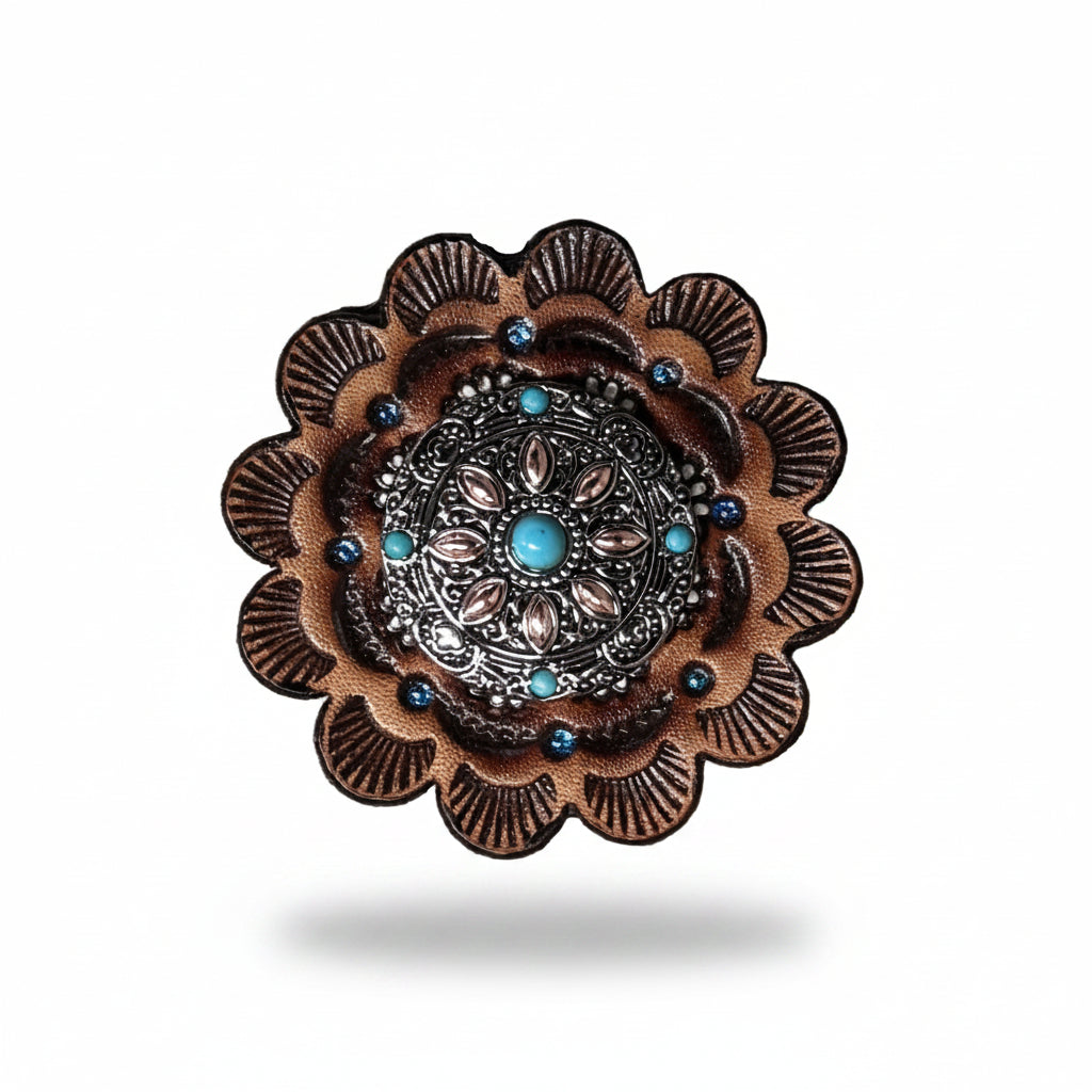 Antique Silver with Copper Petals and Turquoise Western Concho W246 — view 9