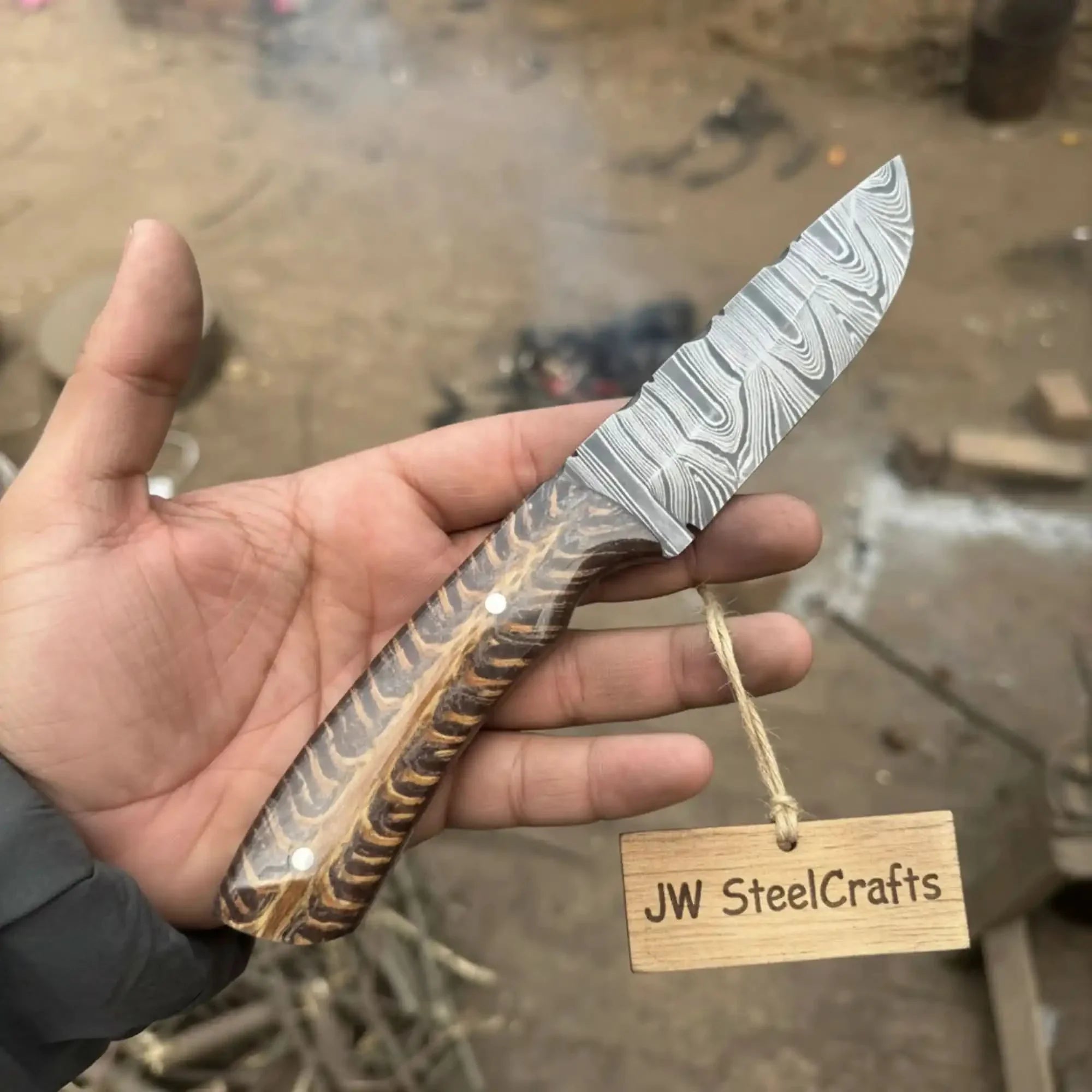 7.5-Inch Damascus Puukko Fixed Blade Knife with Pinecone Epoxy Resin Handle