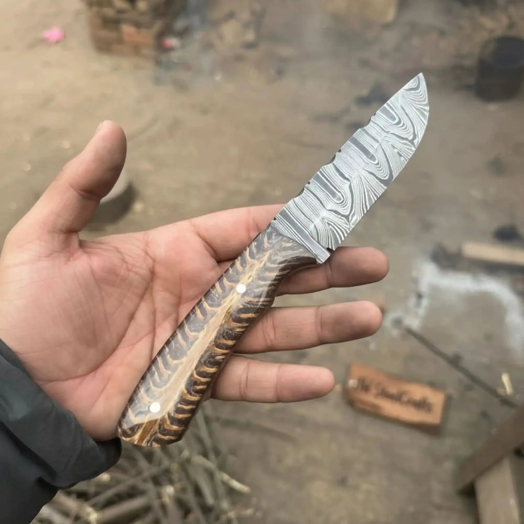 7.5-Inch Damascus Puukko Fixed Blade Knife with Pinecone Epoxy Resin Handle