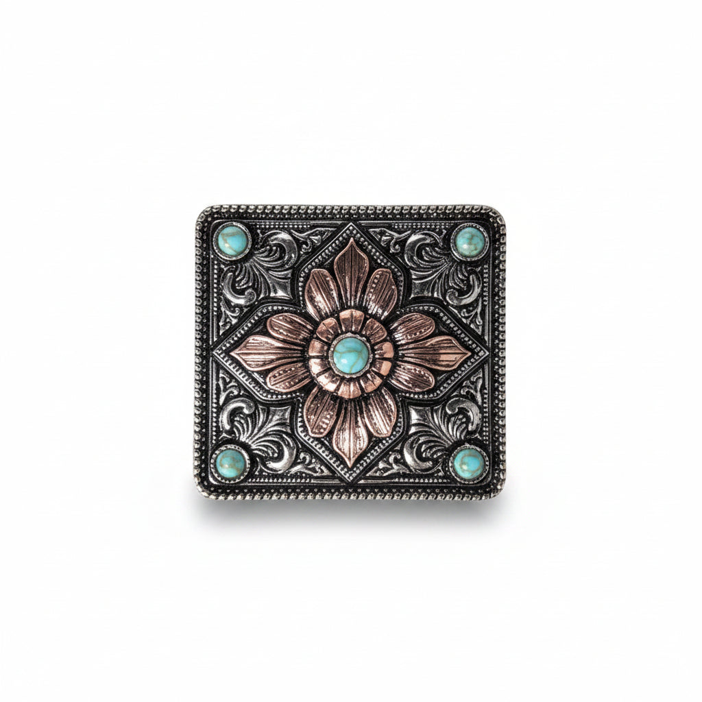 Antique Silver and Copper Square Floral Concho #W265 — view 2