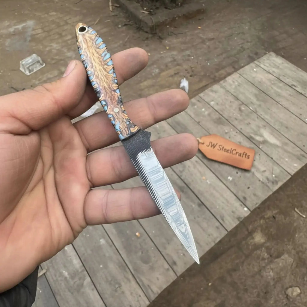 7-Inch Rasp Steel Dagger — Double-Edged Blade, Pinecone Blue Resin Handle, Steel Guard & Brass Lanyard Hole