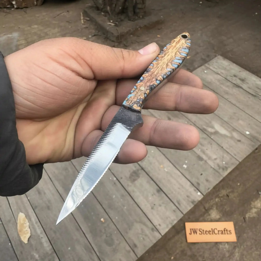 7-Inch Rasp Steel Dagger — Double-Edged Blade, Pinecone Blue Resin Handle, Steel Guard & Brass Lanyard Hole