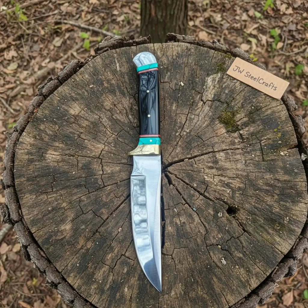 Carbon Steel 9-Inch Clip Point Bowie Knife — Buffalo Horn Handle with Turquoise Spacers