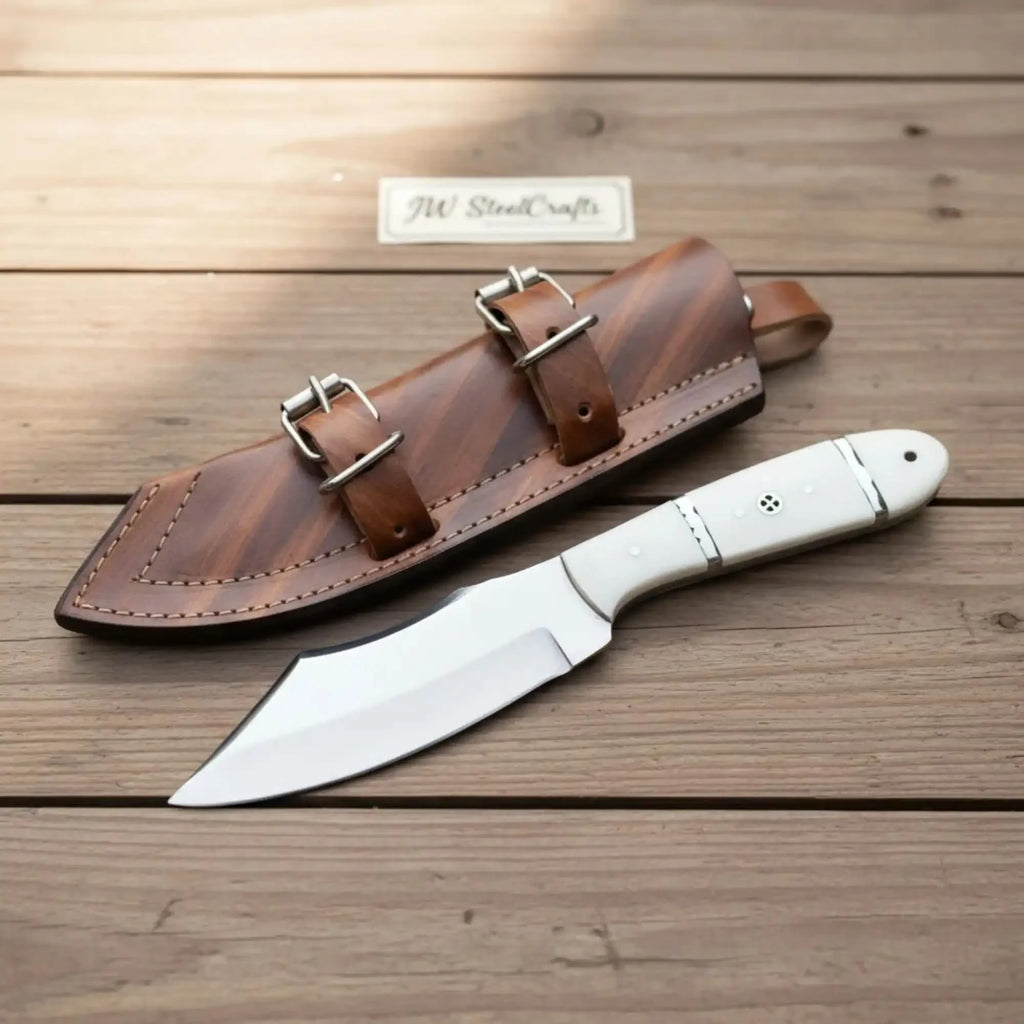 Handmade Carbon Steel Hunting Knife with White Epoxy Resin Handle