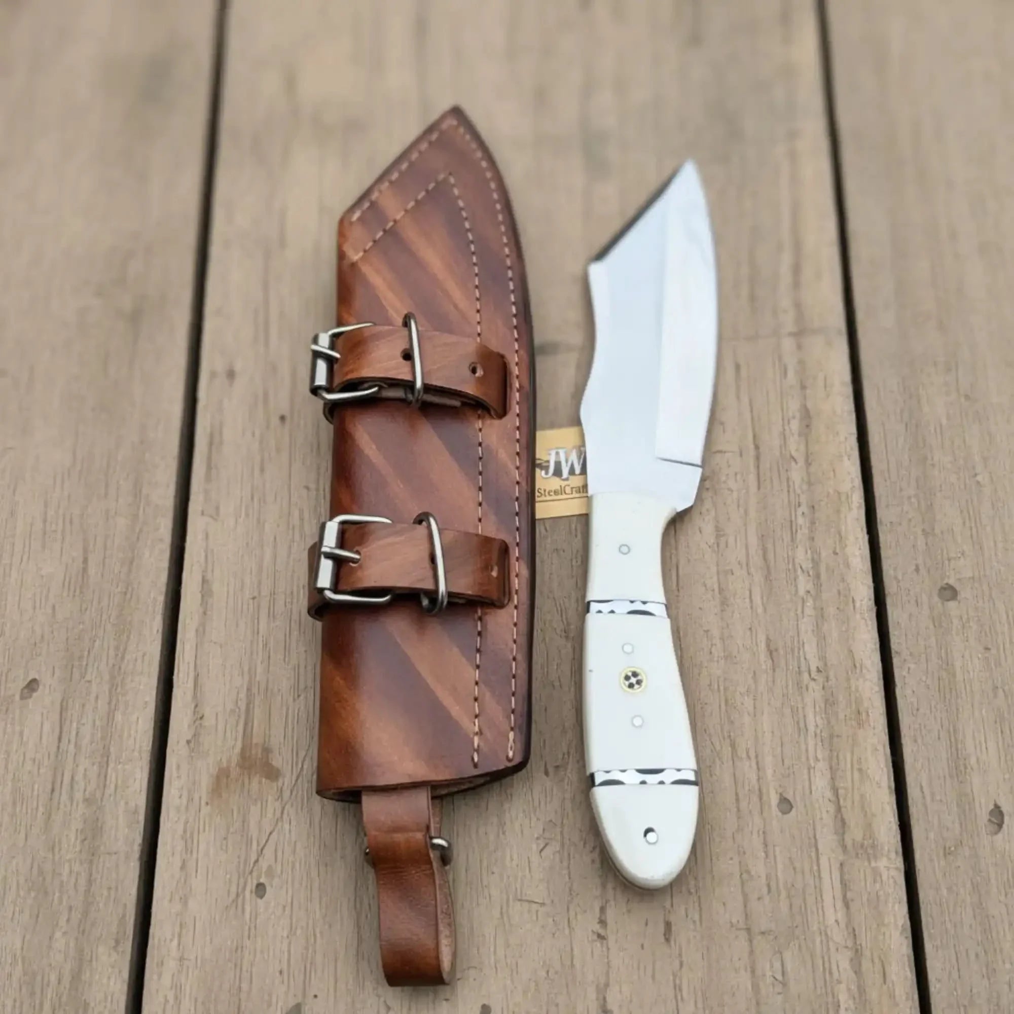 Handmade Carbon Steel Hunting Knife with White Epoxy Resin Handle