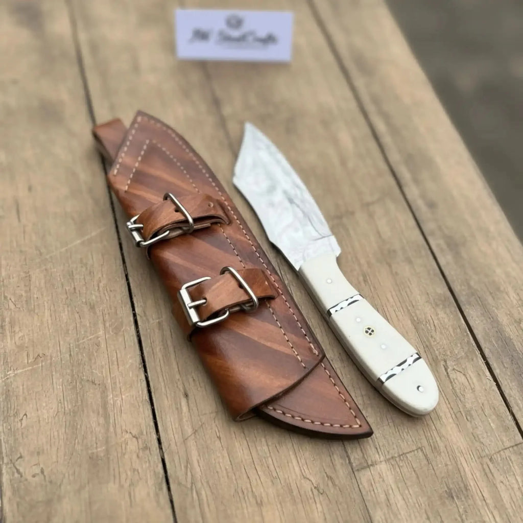 Handmade Carbon Steel Hunting Knife with White Epoxy Resin Handle