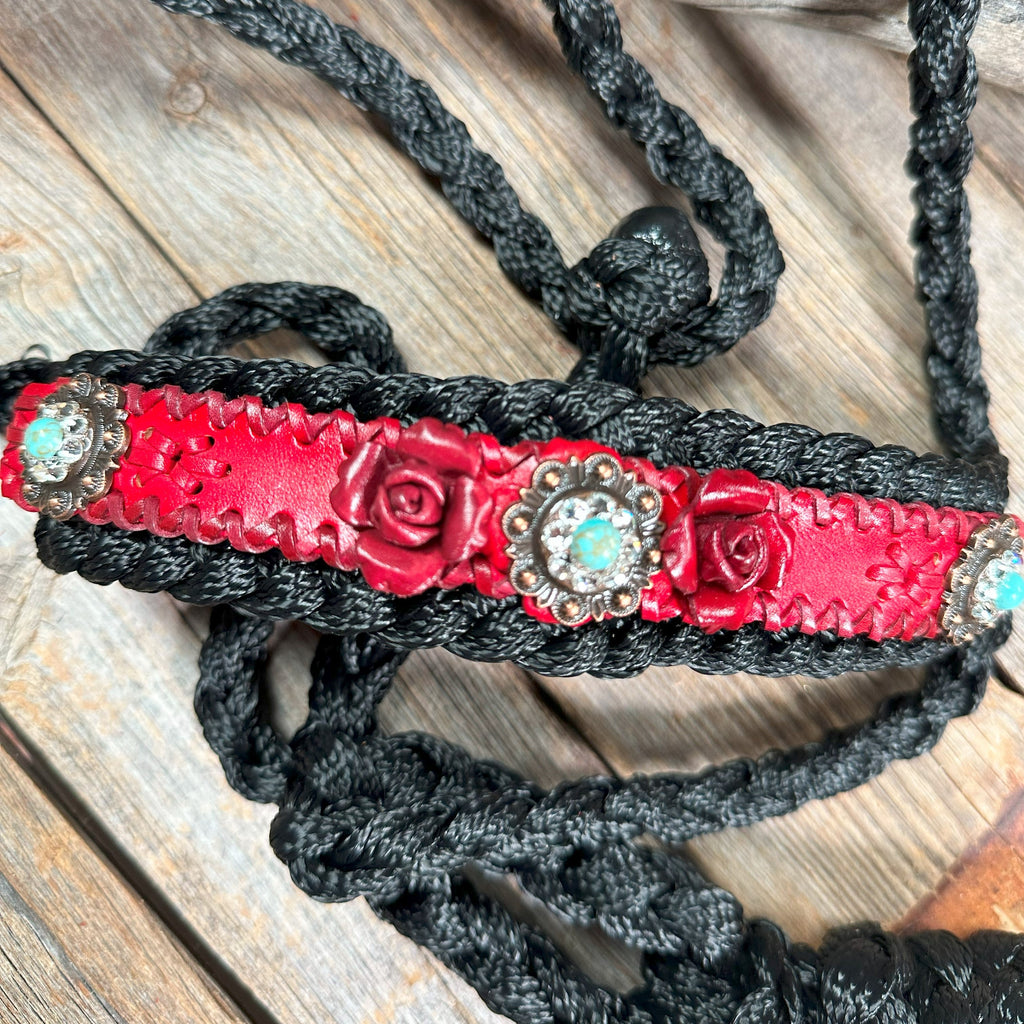 Black Mule Tape Halter - Red Rose and Turquoise #MT220 — view 2