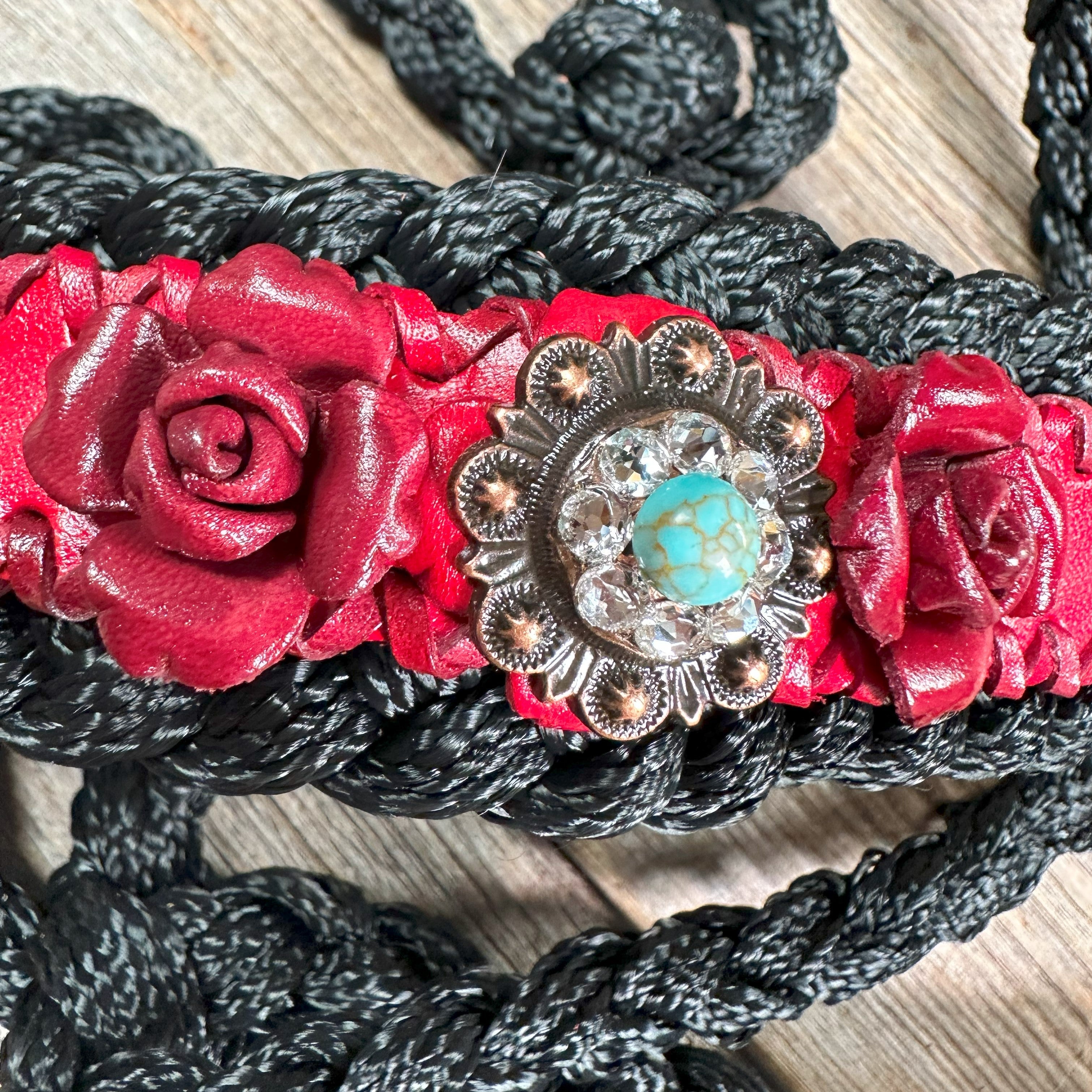 Black Mule Tape Halter - Red Rose and Turquoise #MT220 — view 3