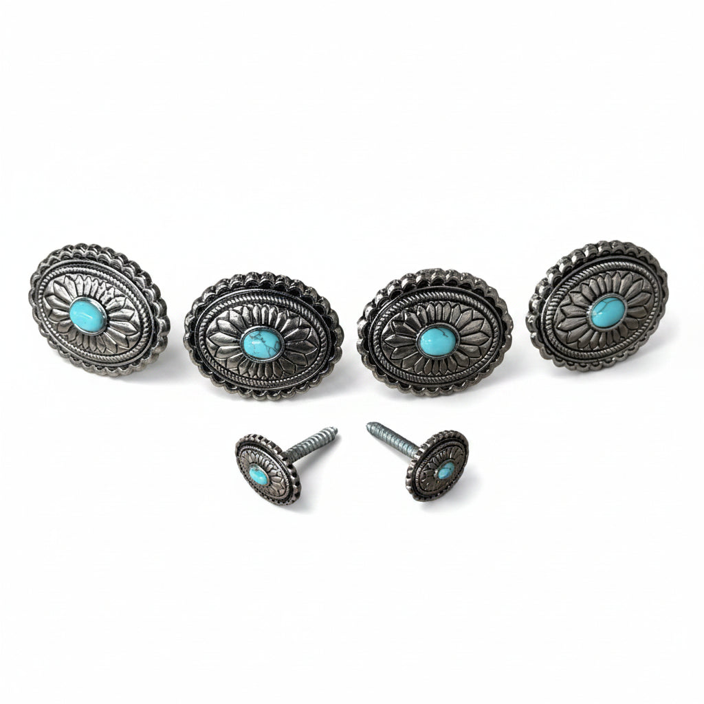 Antique Silver Oval Floral Turquoise Western Concho W237 — view 6