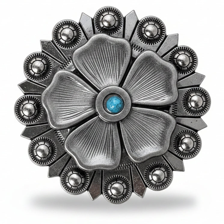 Antique Silver Flower Turquoise Western Concho W110 — view 4