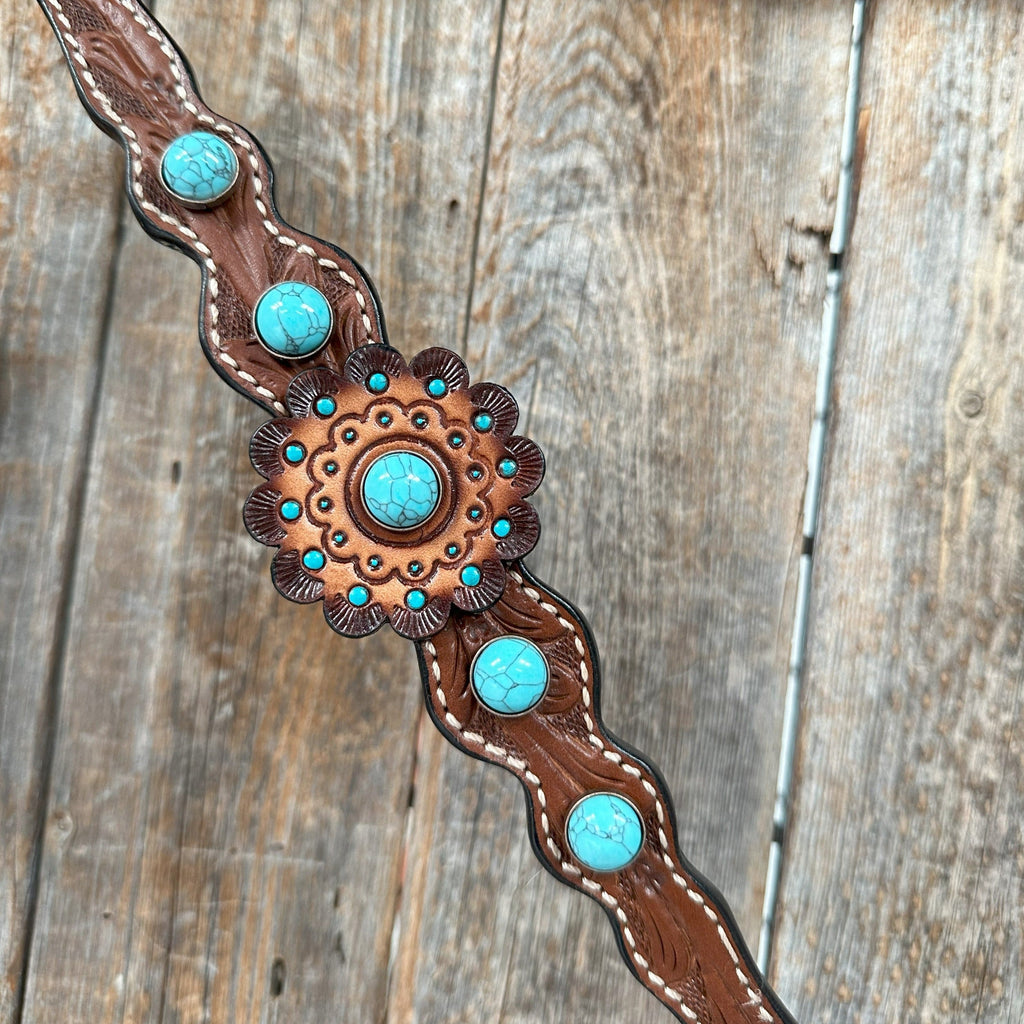Medium Oil Floral Rosettes and Turquoise One Ear/ Breastcollar Tack Set #OEBC566 — view 7