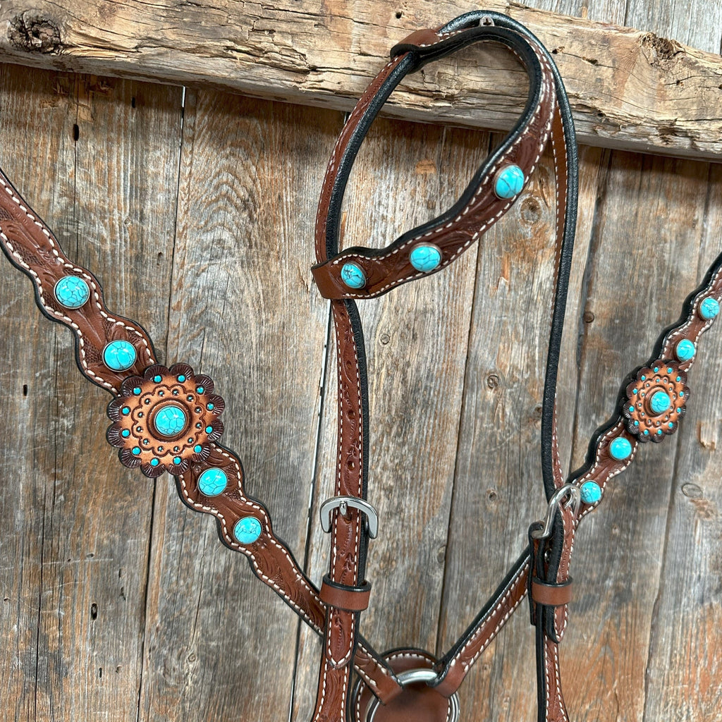 Medium Oil Floral Rosettes and Turquoise One Ear/ Breastcollar Tack Set #OEBC566 — view 2