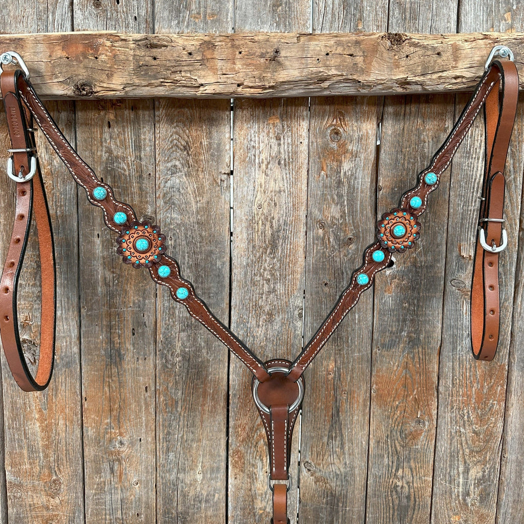 Medium Oil Floral Rosettes and Turquoise One Ear/ Breastcollar Tack Set #OEBC566 — view 6