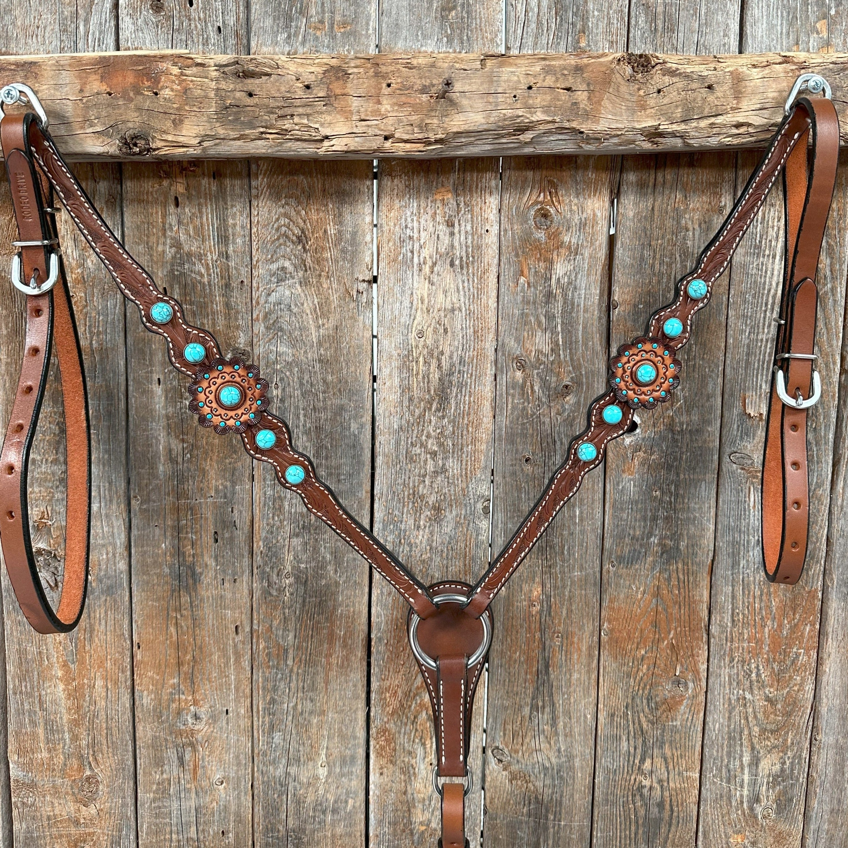 Medium Oil Floral Rosettes and Turquoise One Ear/ Breastcollar Tack Set #OEBC566 — view 6