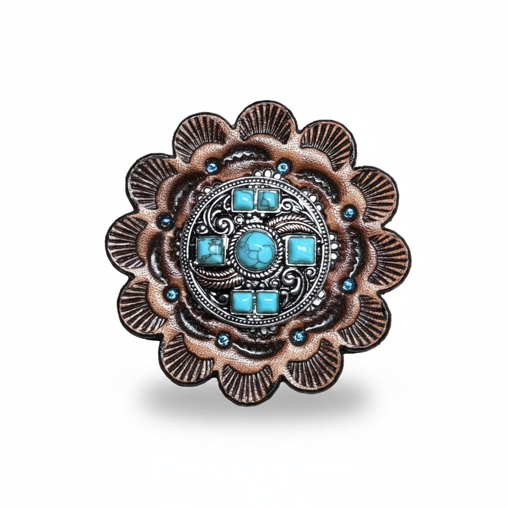 Antique Silver Turquoise and Feather Western Concho W251 — view 9